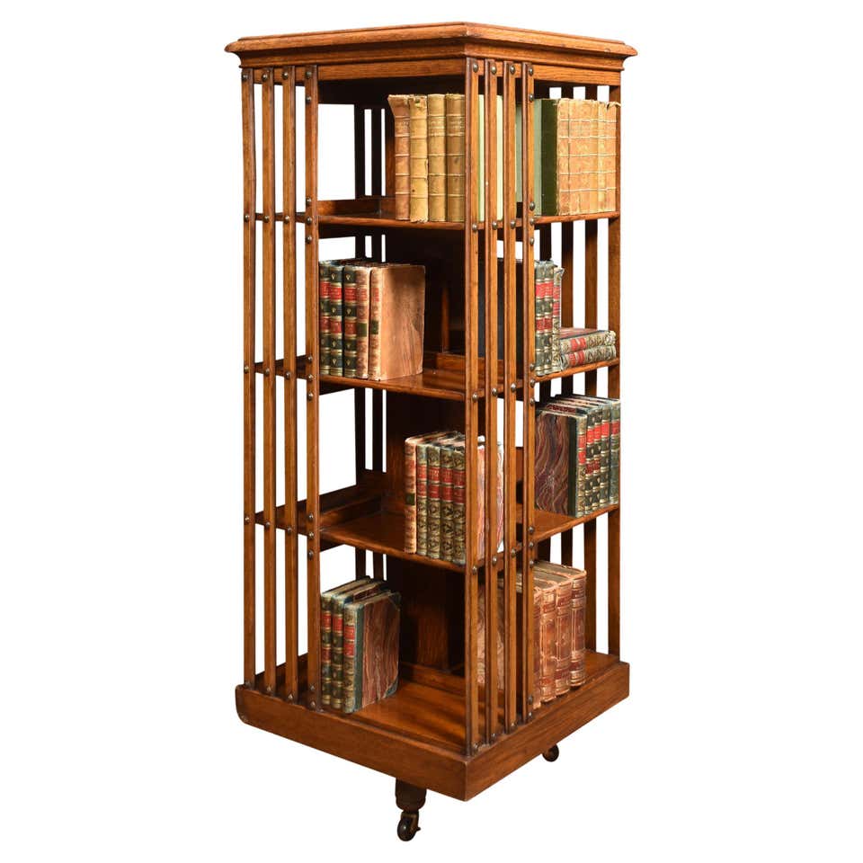 Antique English Carved Oak Revolving Rolling Bookcase Bookshelf Office ...