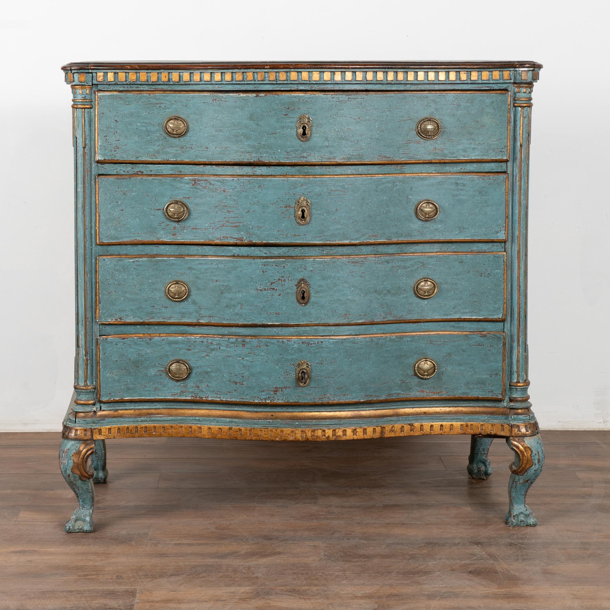 Large Oak Rococo Blue Chest of Four Drawers, Denmark circa 1750-1800 In Good Condition In Round Top, TX