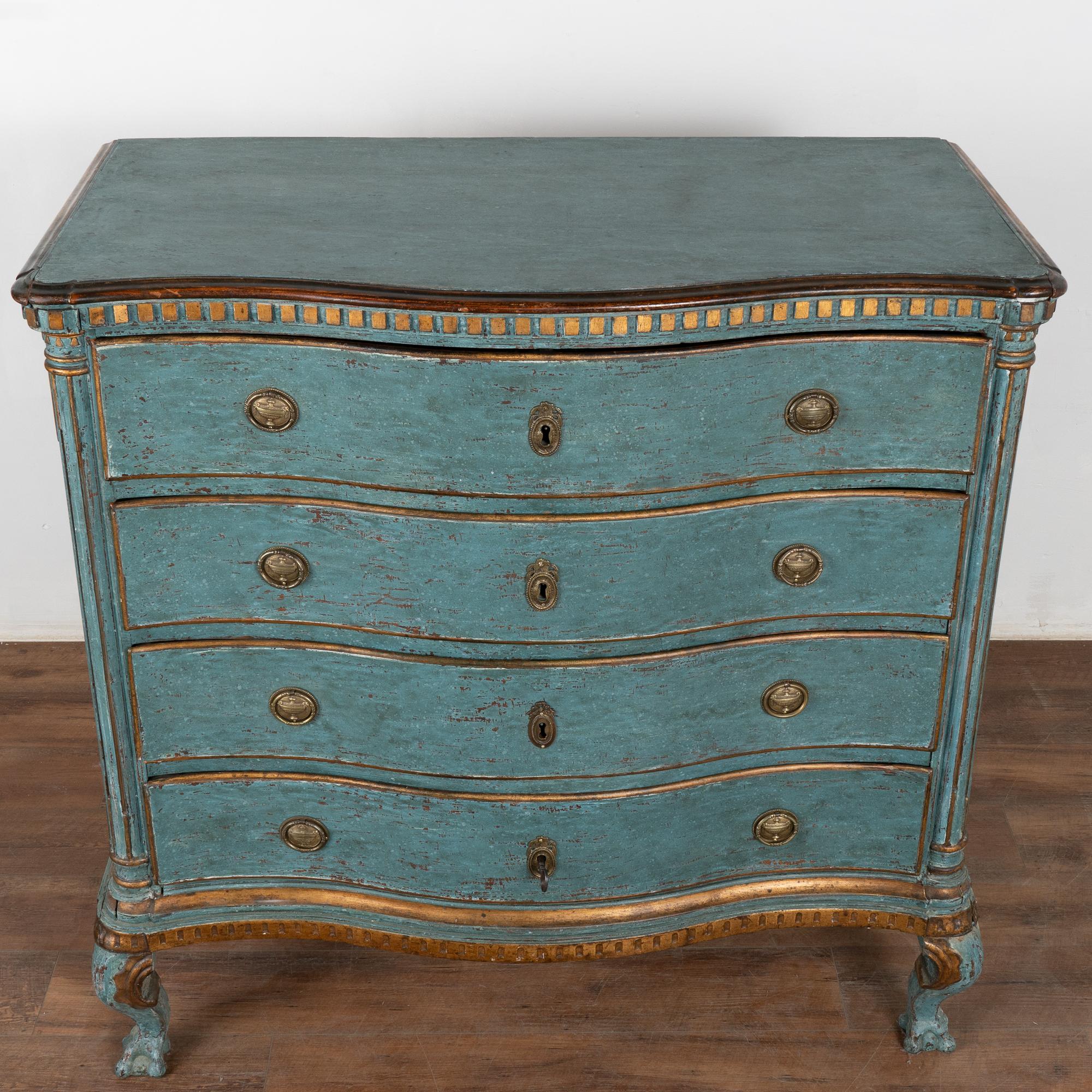 18th Century Large Oak Rococo Blue Chest of Four Drawers, Denmark circa 1750-1800