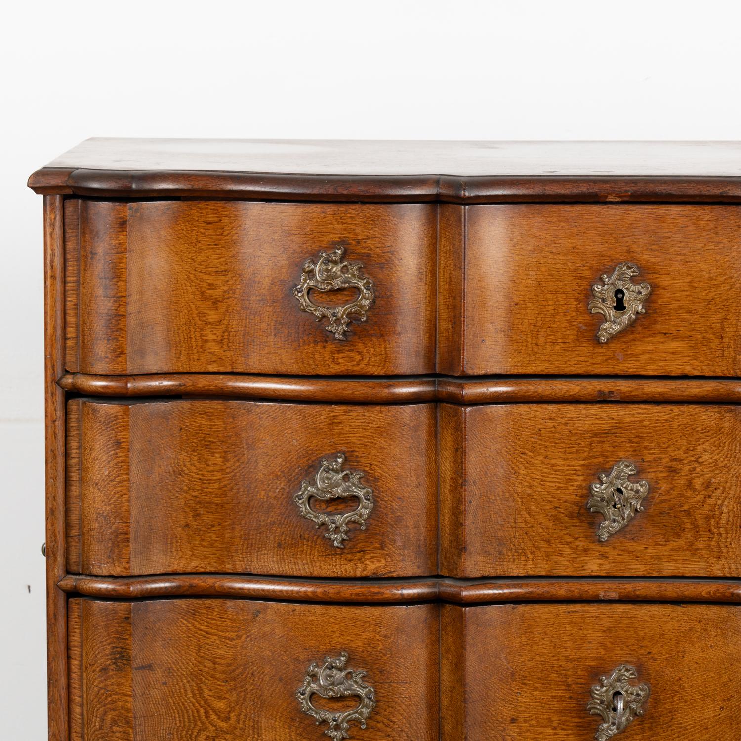 Brass Large Oak Rococo Chest of Five Drawers, Denmark circa 1750-80 For Sale