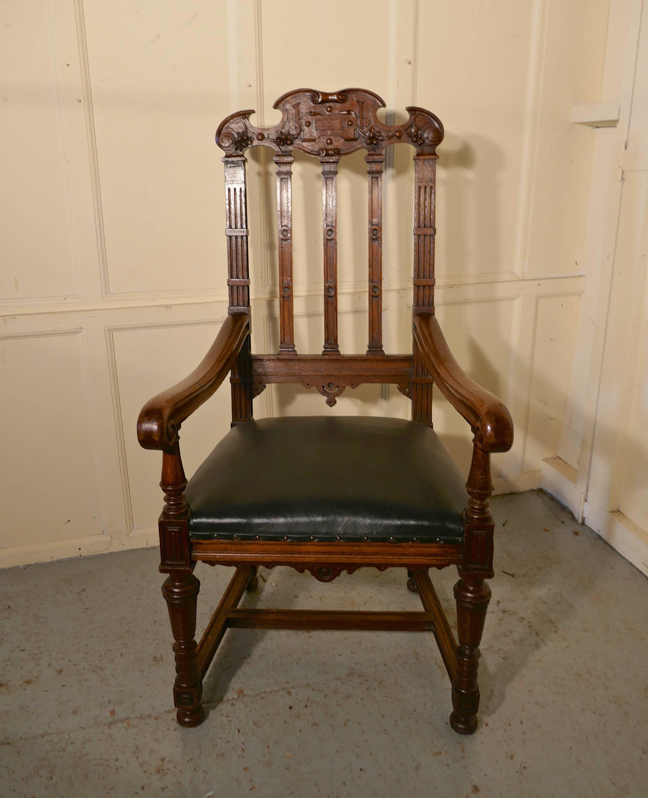 Large Oak Throne or Hall Chair by Gillow 3