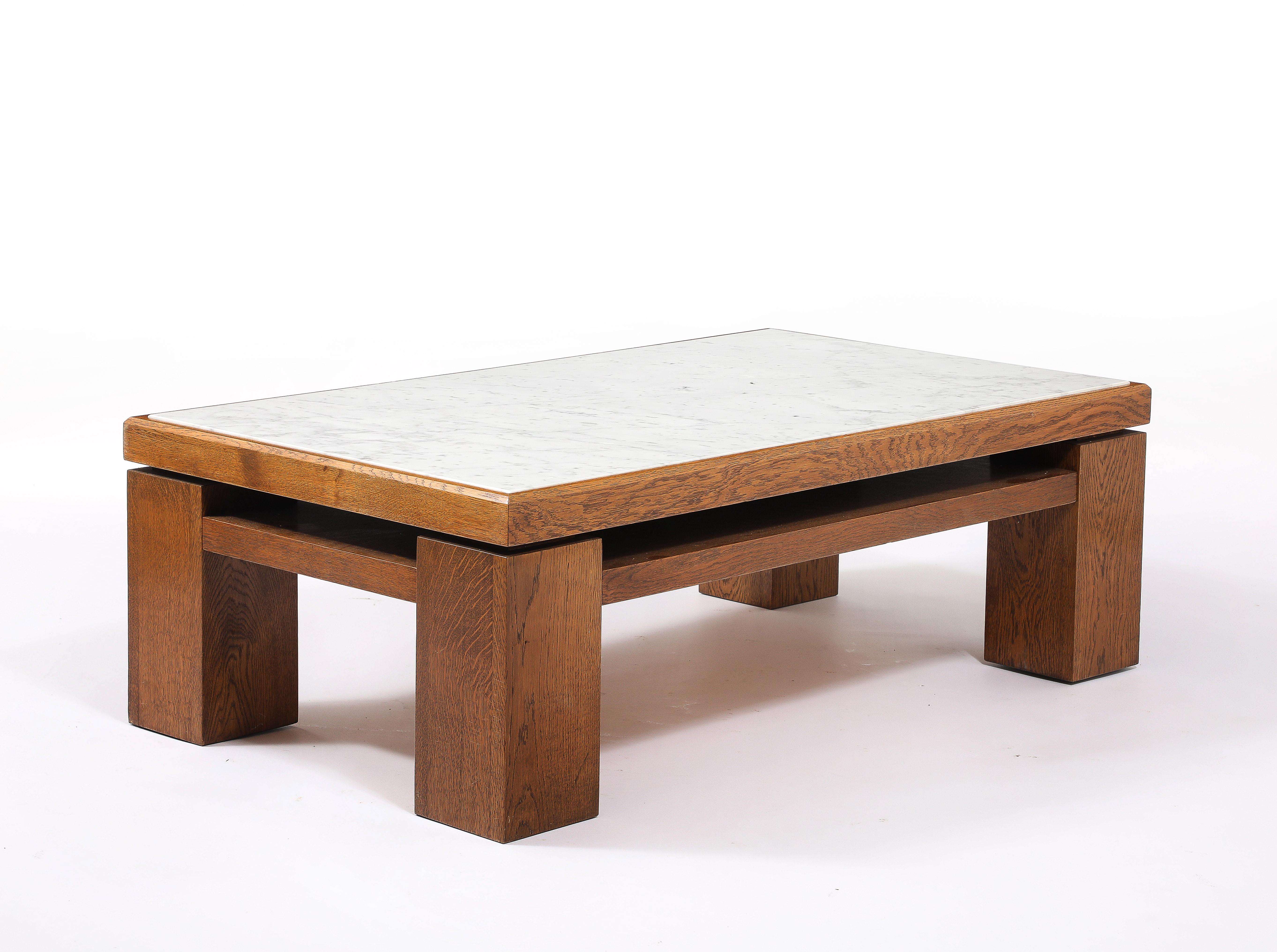 Large Oak & Travertine Coffee Table, France 1970's For Sale 4