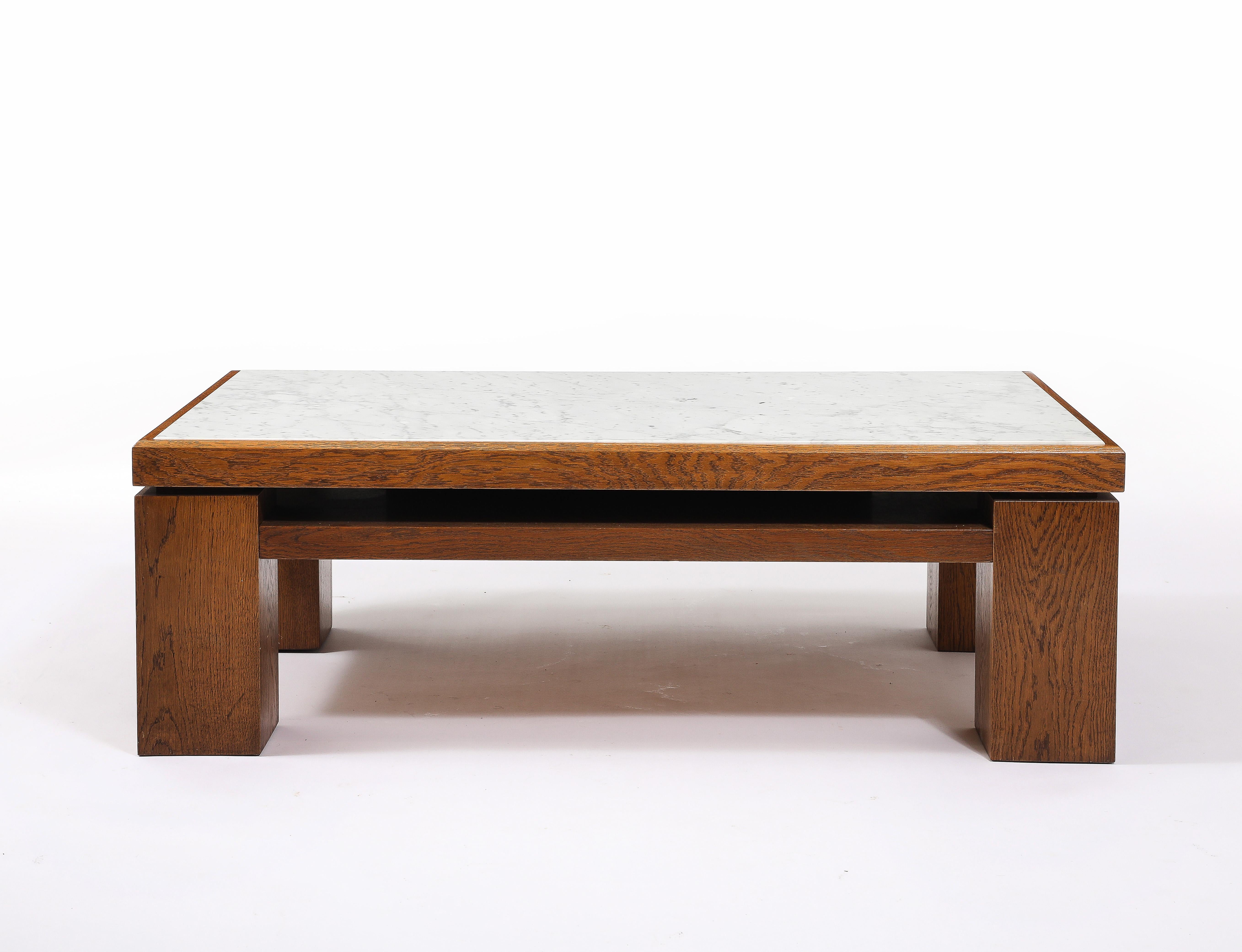 Large Oak & Travertine Coffee Table, France 1970's For Sale 5