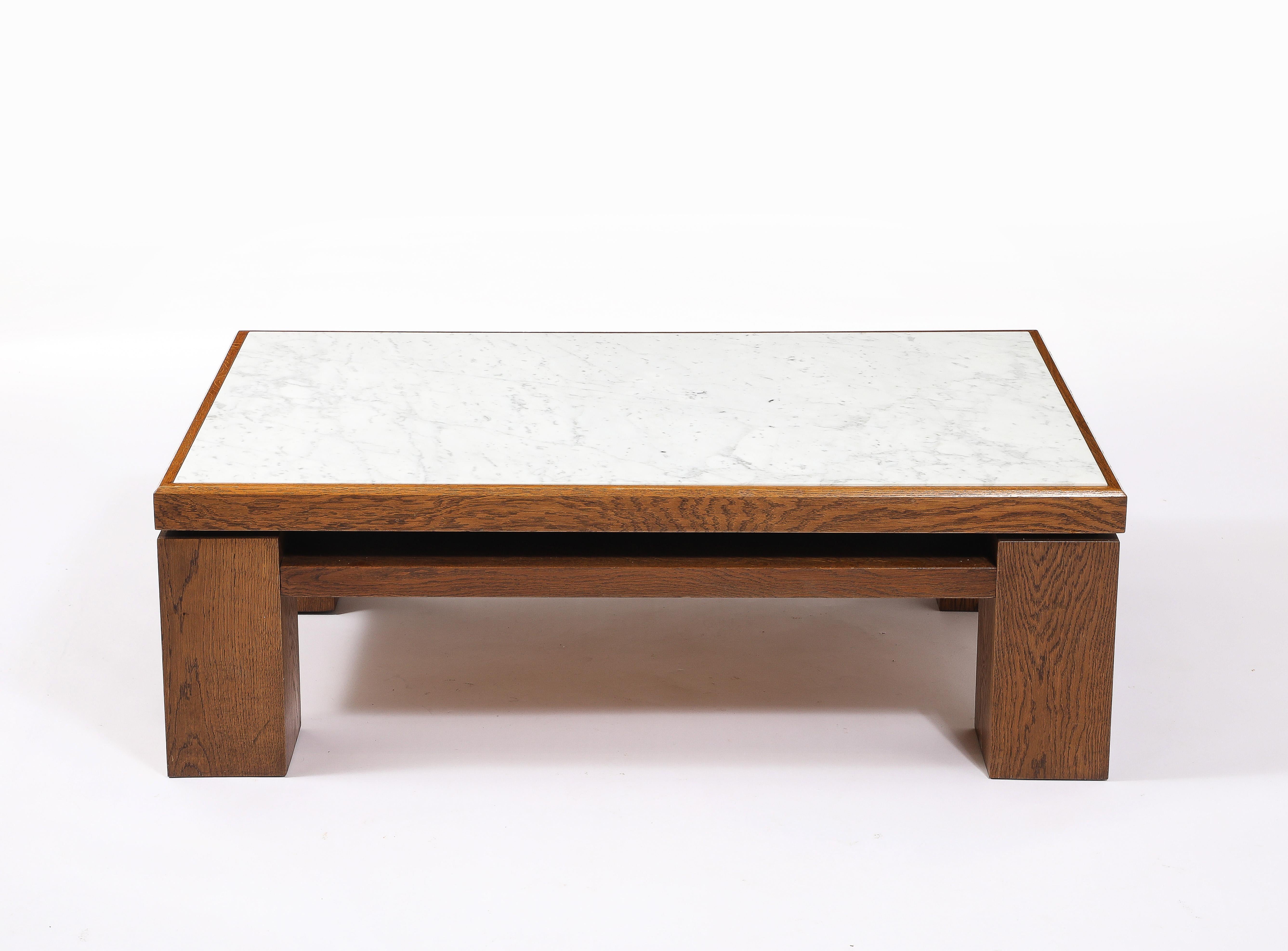 Large Oak & Travertine Coffee Table, France 1970's For Sale 6