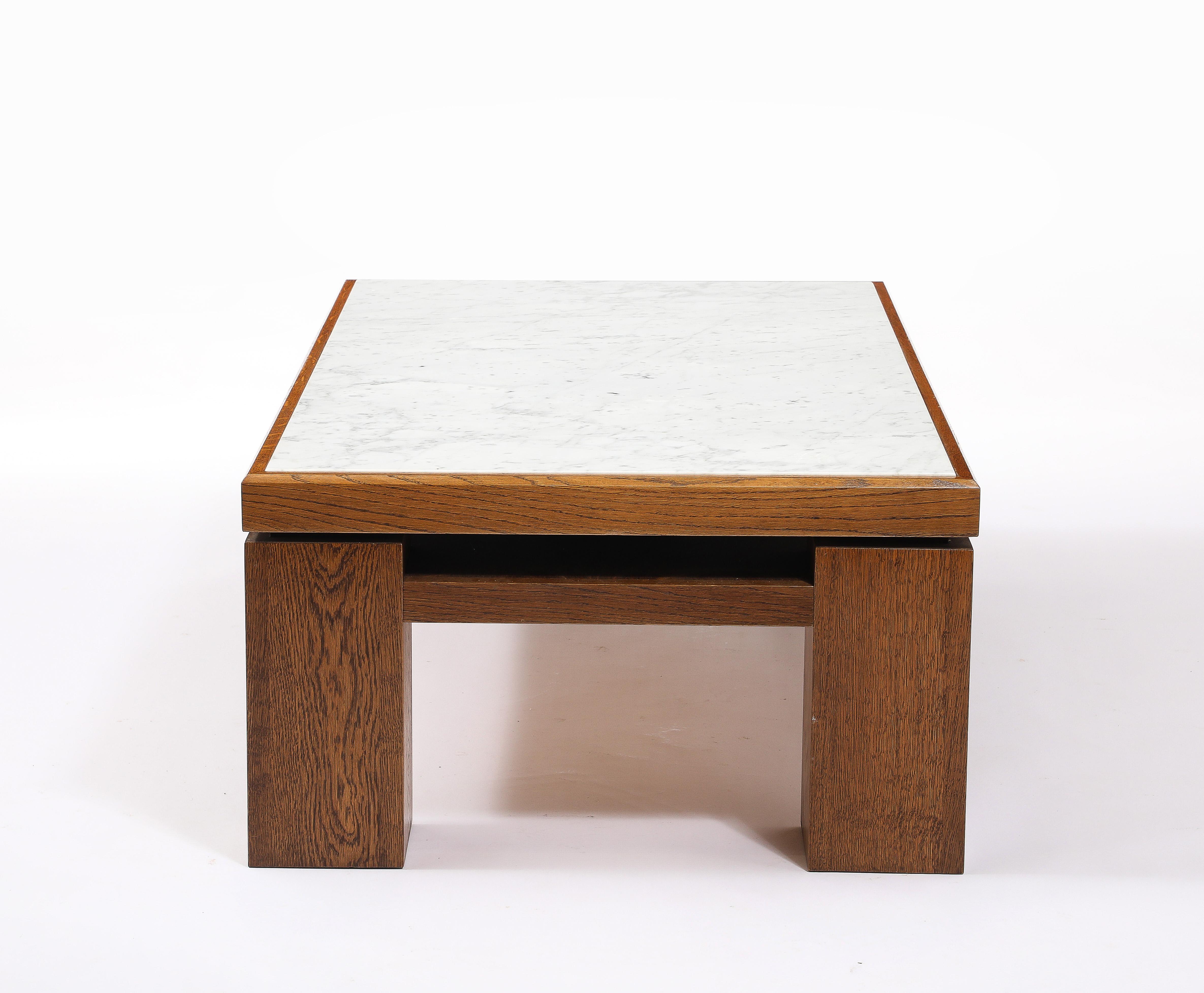 Large Oak & Travertine Coffee Table, France 1970's For Sale 7