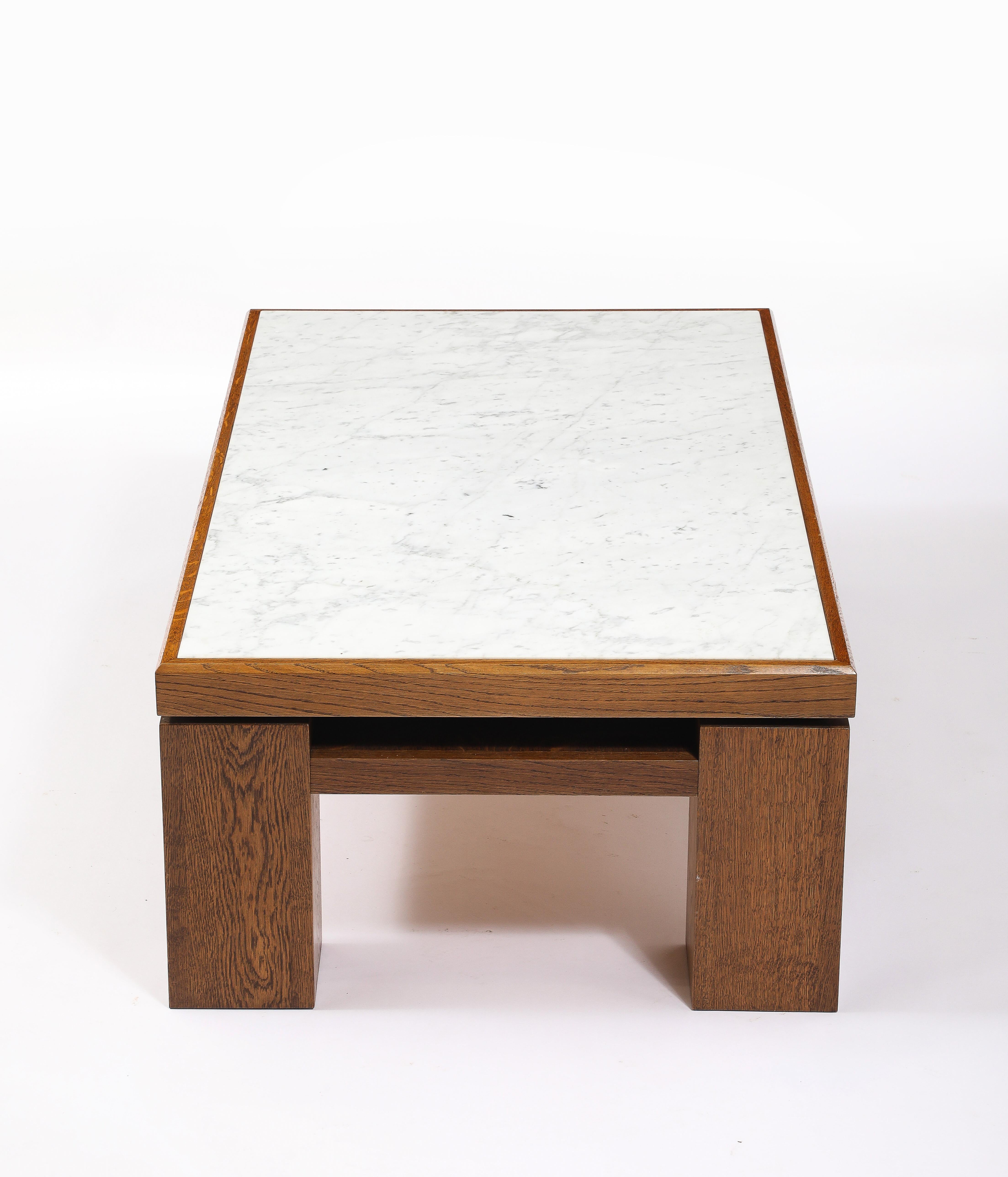 Large Oak & Travertine Coffee Table, France 1970's For Sale 8