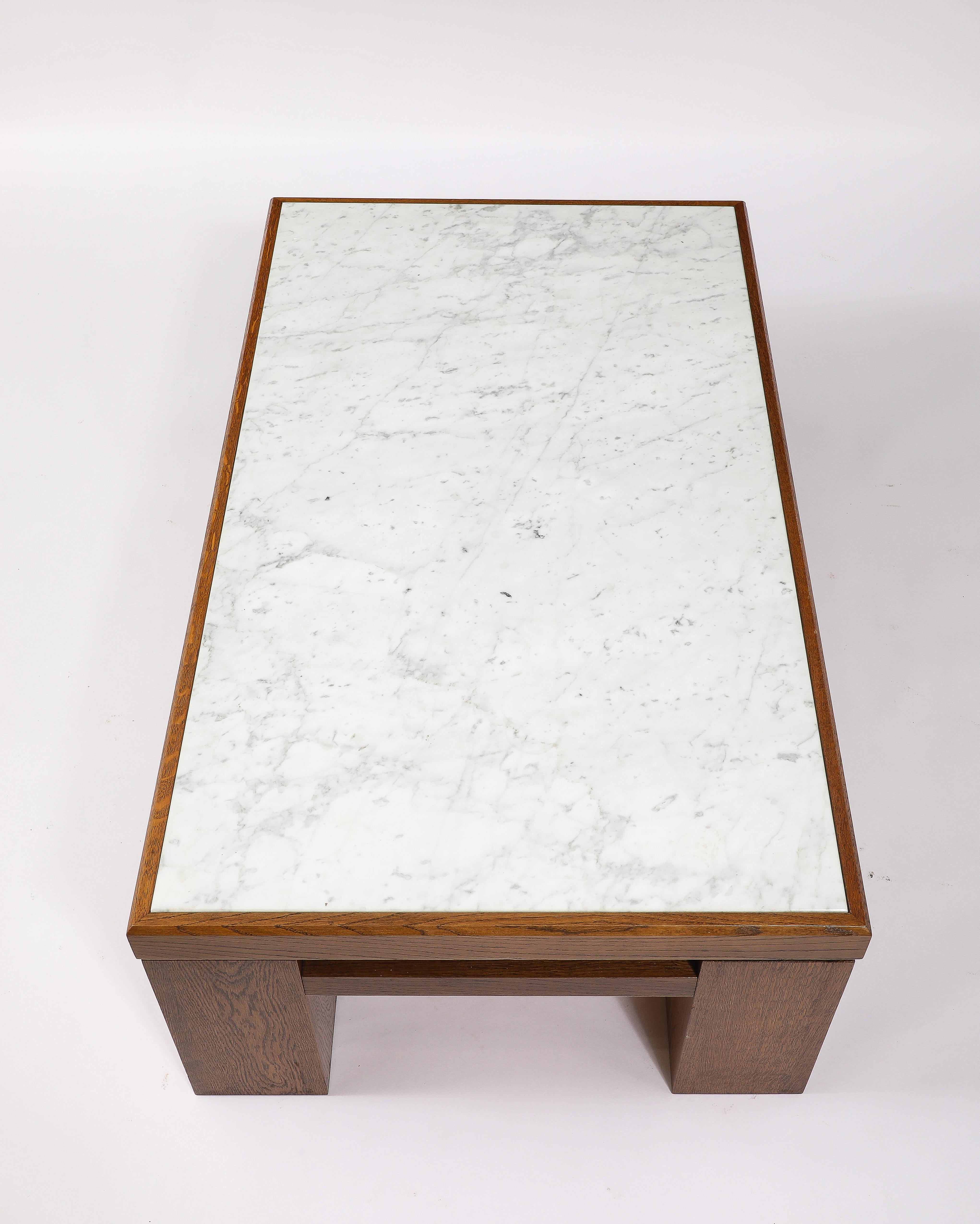 Large Oak & Travertine Coffee Table, France 1970's For Sale 10