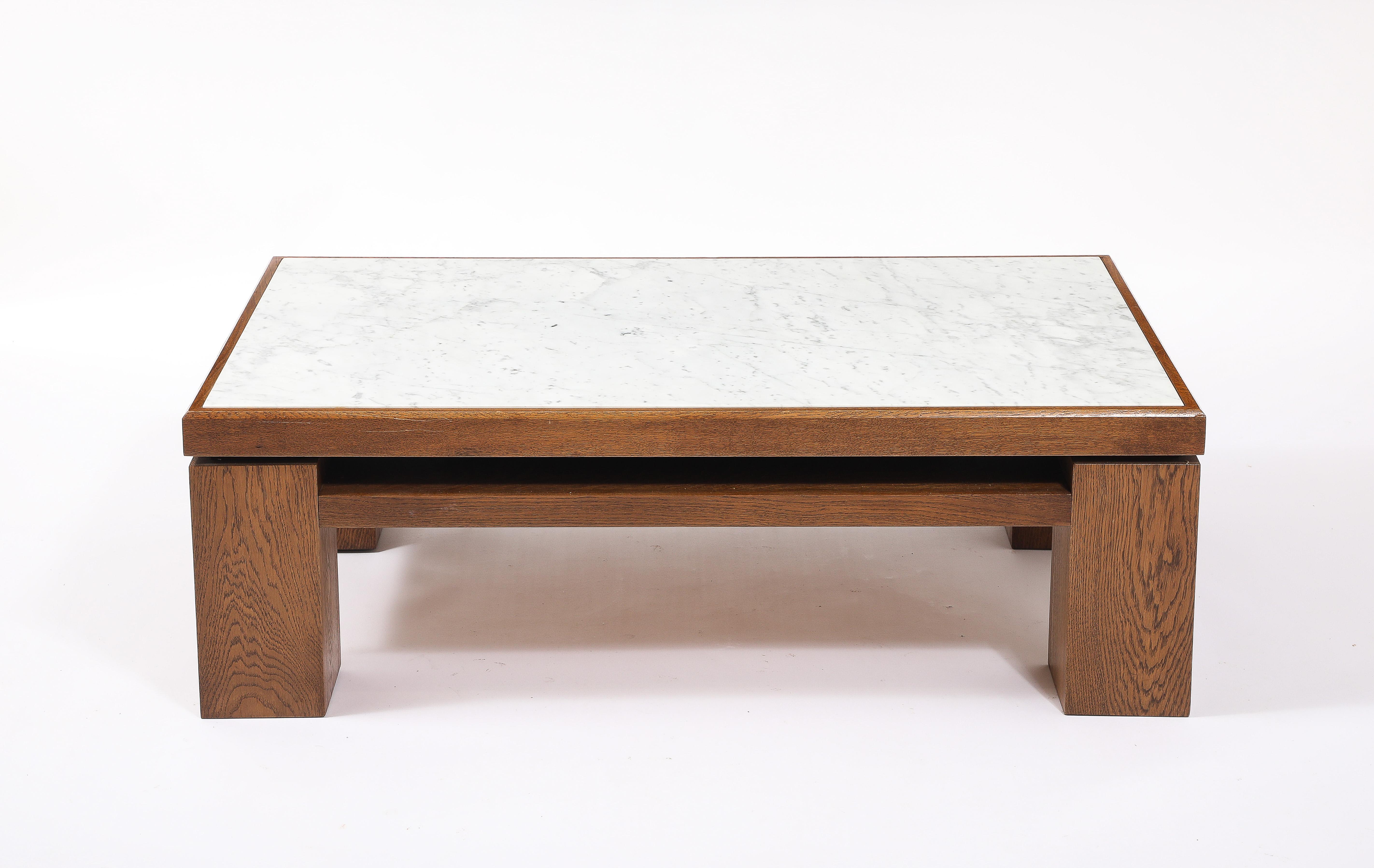Large & Heavy oak coffee table with a recessed travertine top