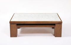 Large Oak & Travertine Coffee Table, France 1970's