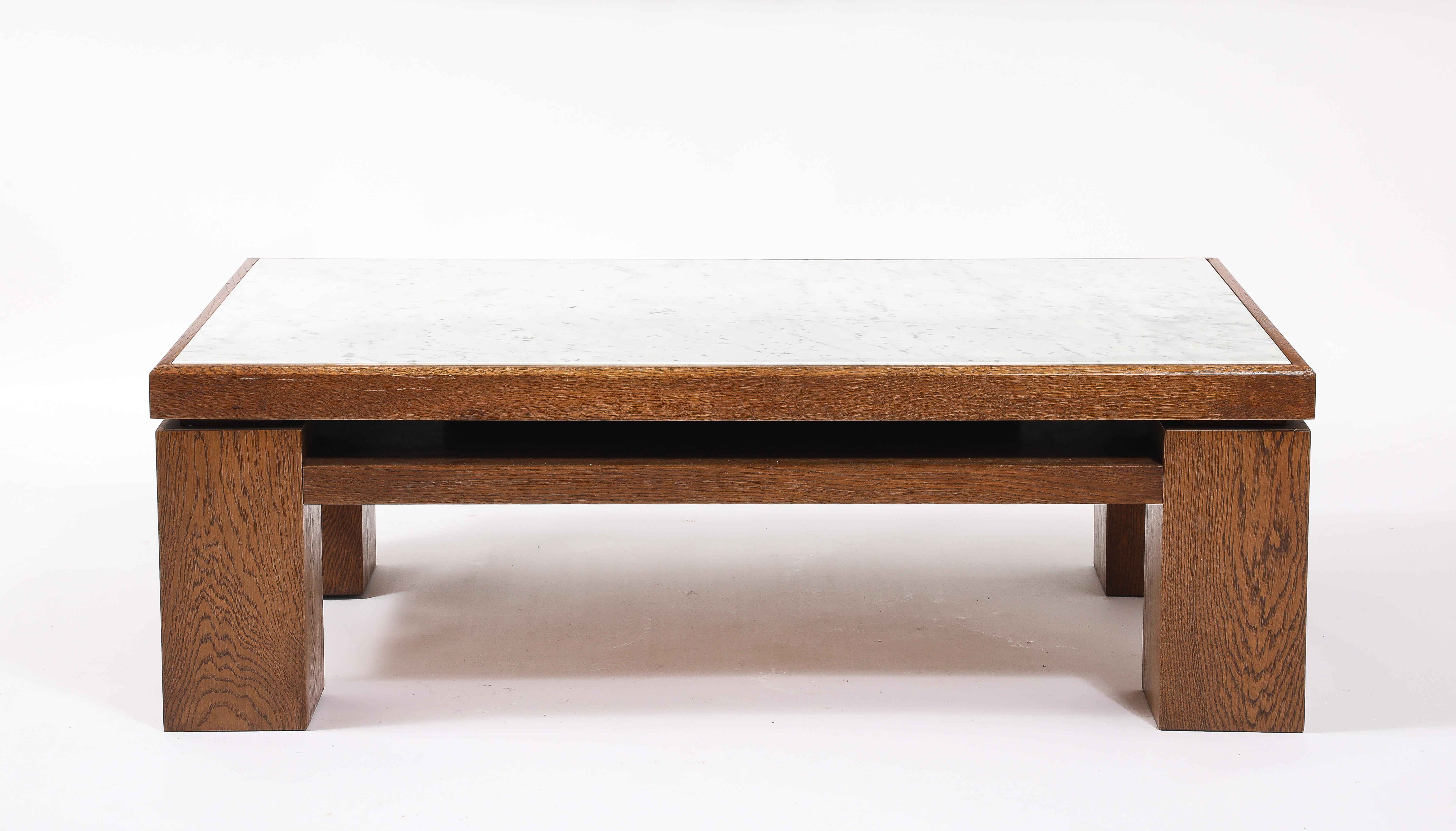 Mid-Century Modern Large Oak & Travertine Coffee Table, France 1970's For Sale