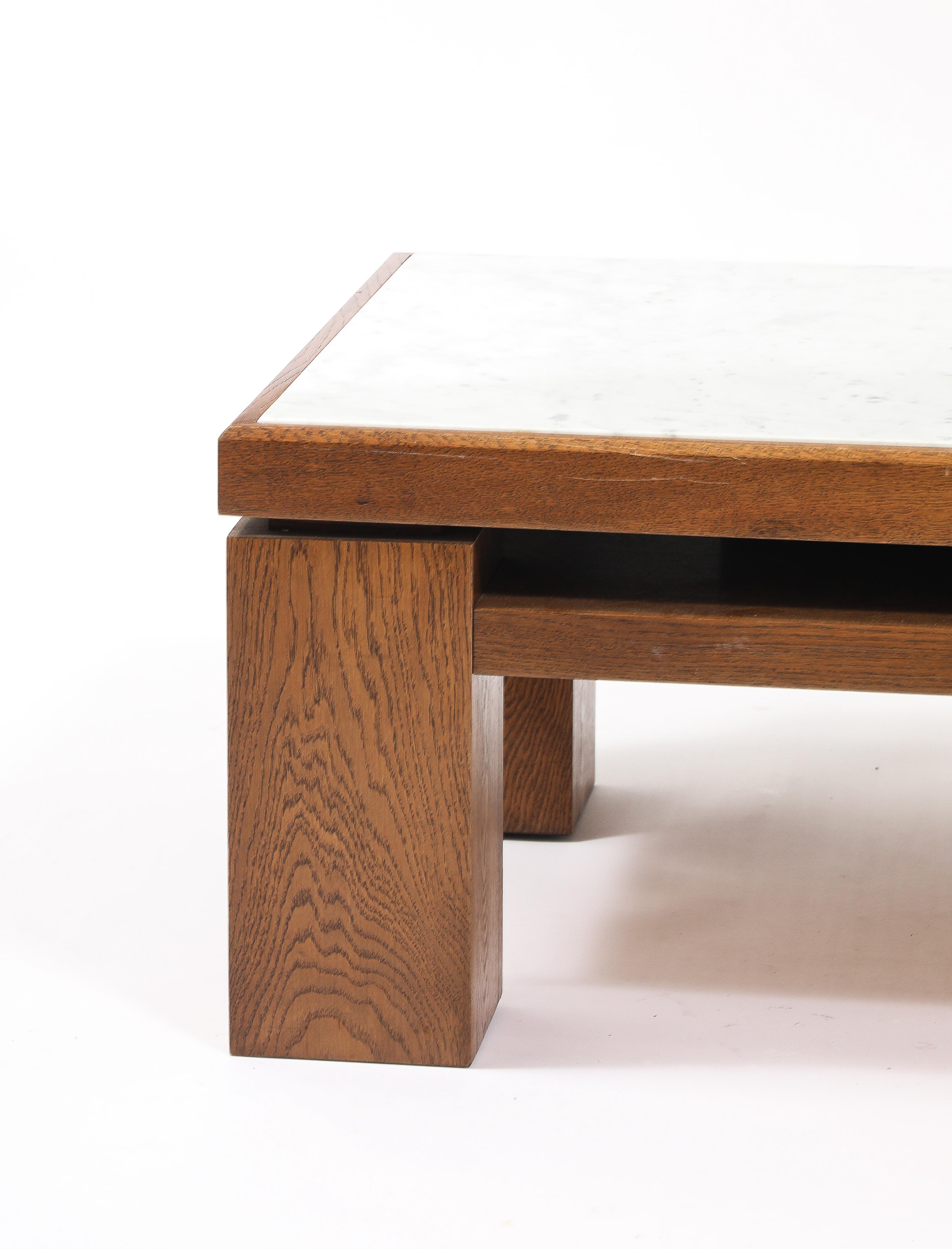 French Large Oak & Travertine Coffee Table, France 1970's For Sale