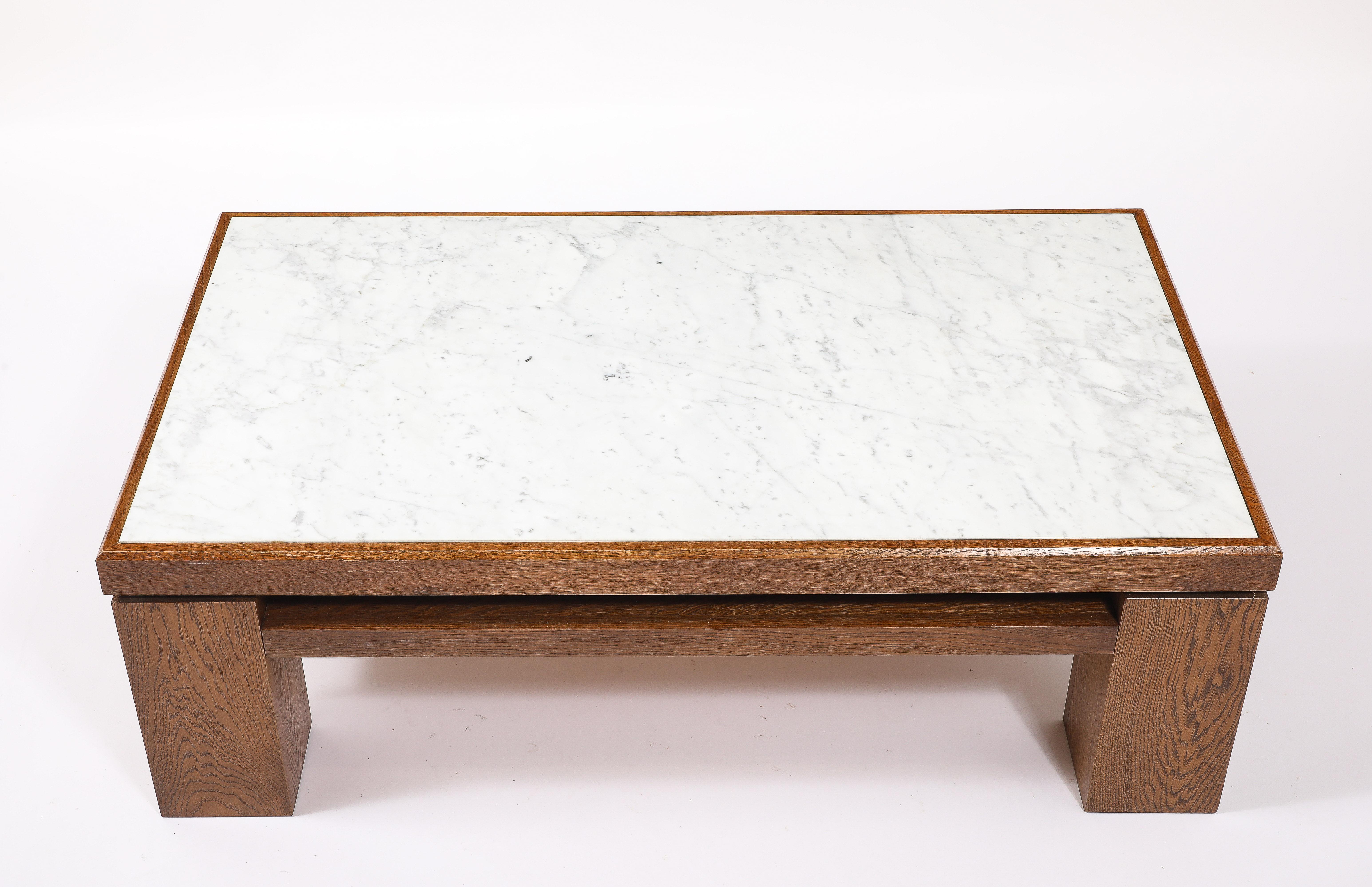 Large Oak & Travertine Coffee Table, France 1970's In Good Condition For Sale In New York, NY