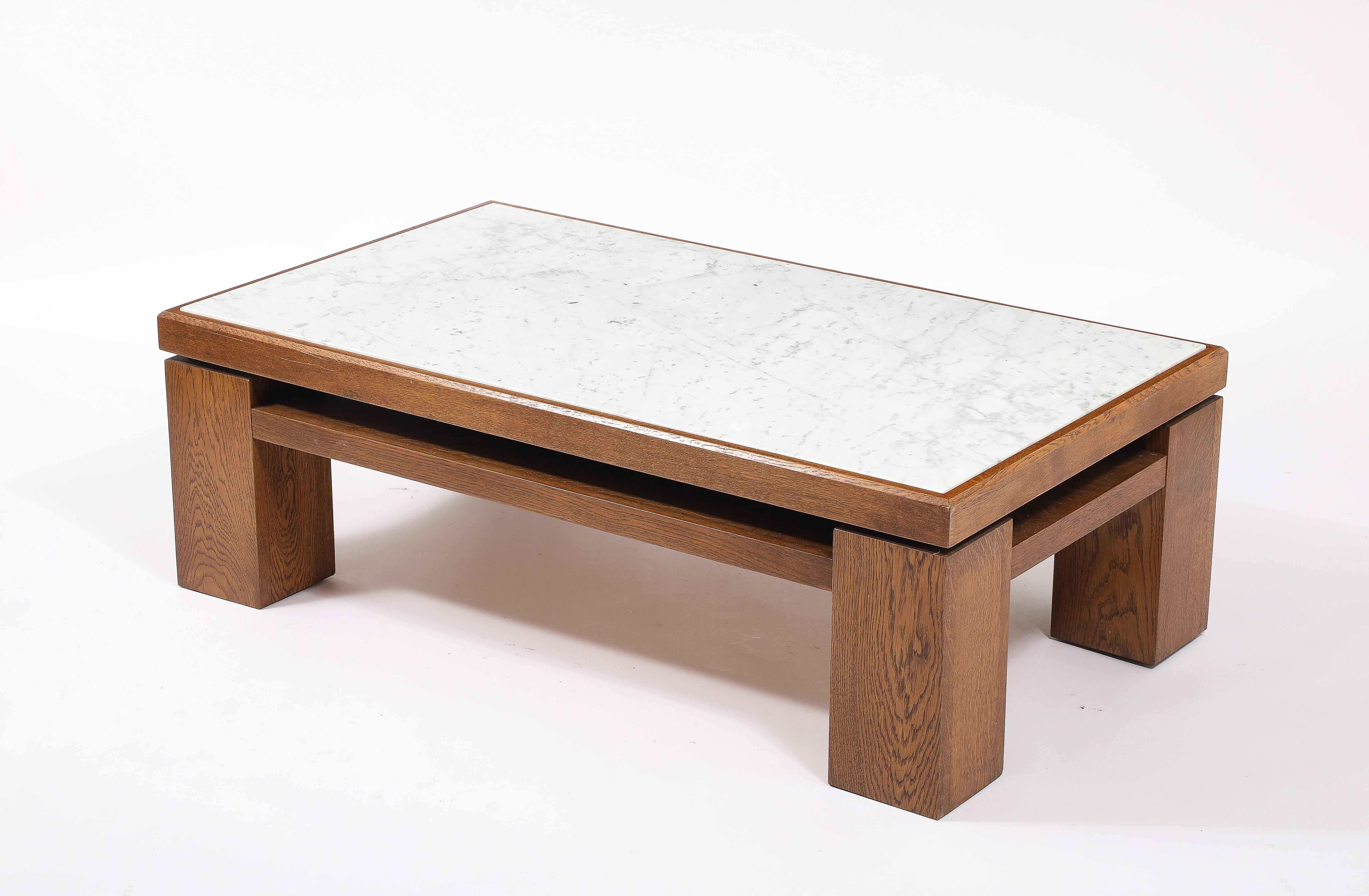 20th Century Large Oak & Travertine Coffee Table, France 1970's For Sale