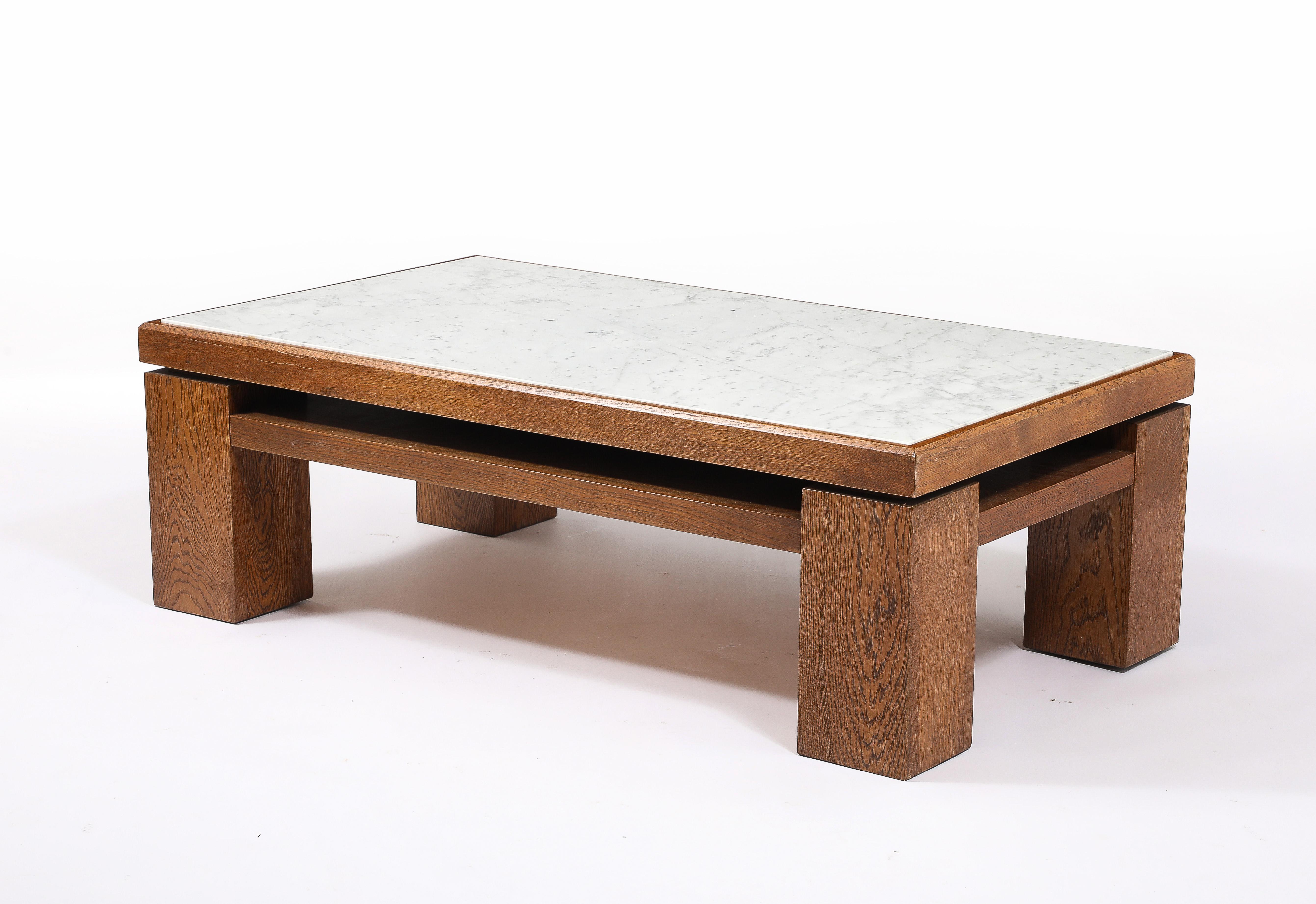 Large Oak & Travertine Coffee Table, France 1970's For Sale 1