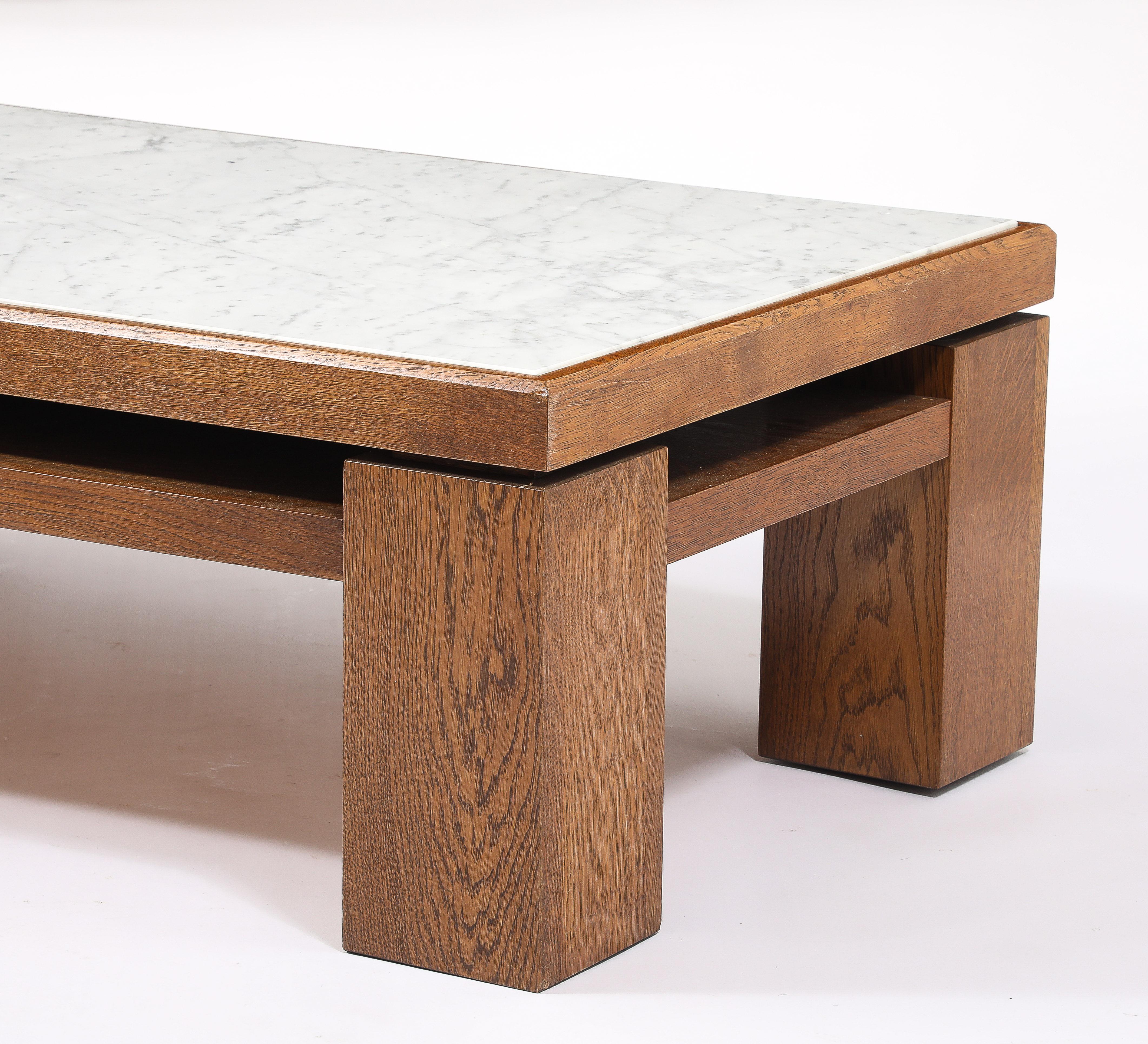 Large Oak & Travertine Coffee Table, France 1970's For Sale 2