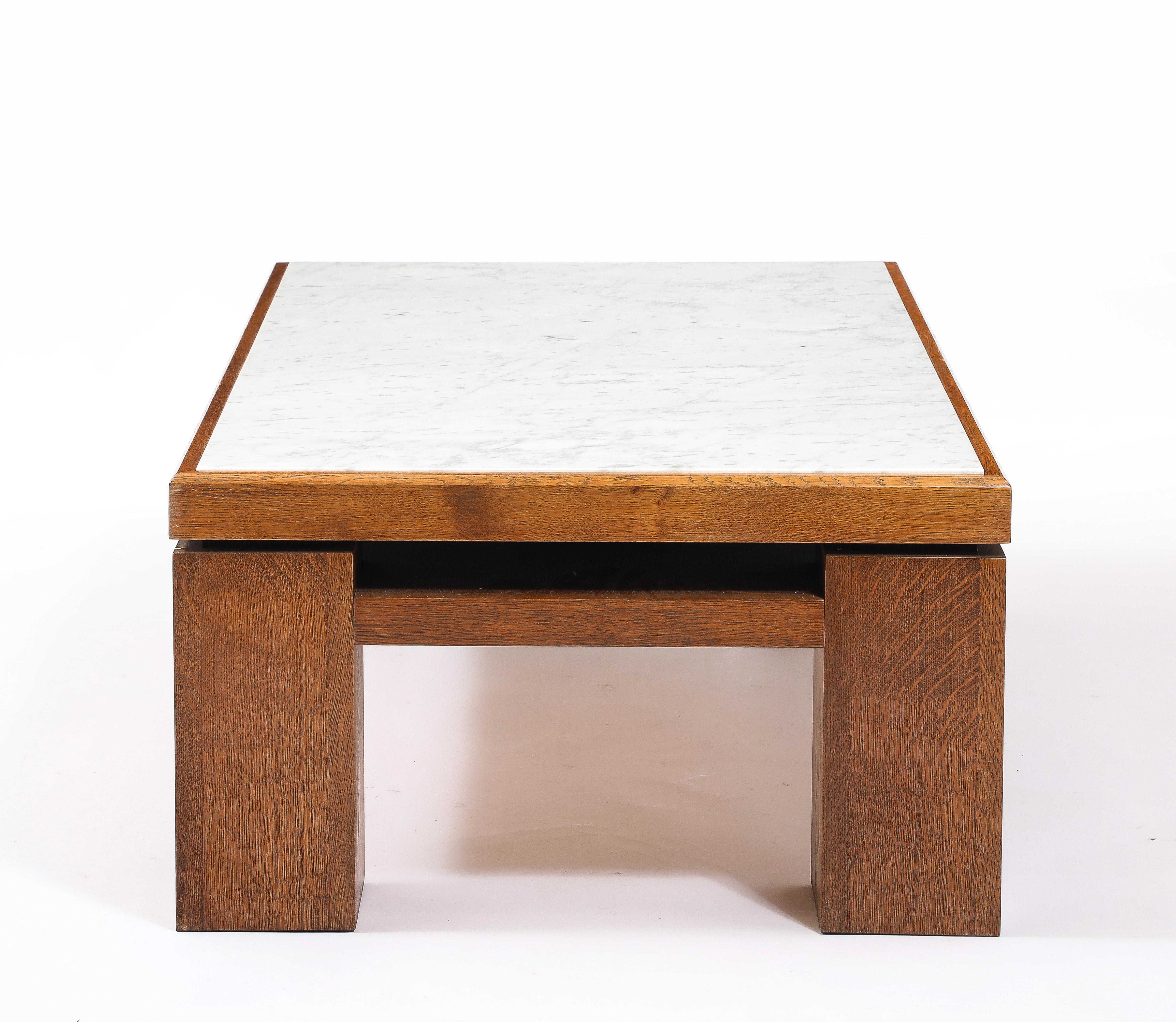 Large Oak & Travertine Coffee Table, France 1970's For Sale 3