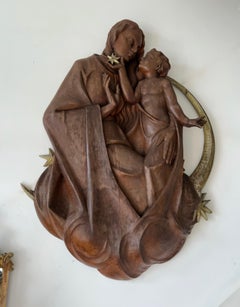 Huge Oak Wall Sculpture of Virgin Mary & Child Jesus Sitting on a Crescent Moon
