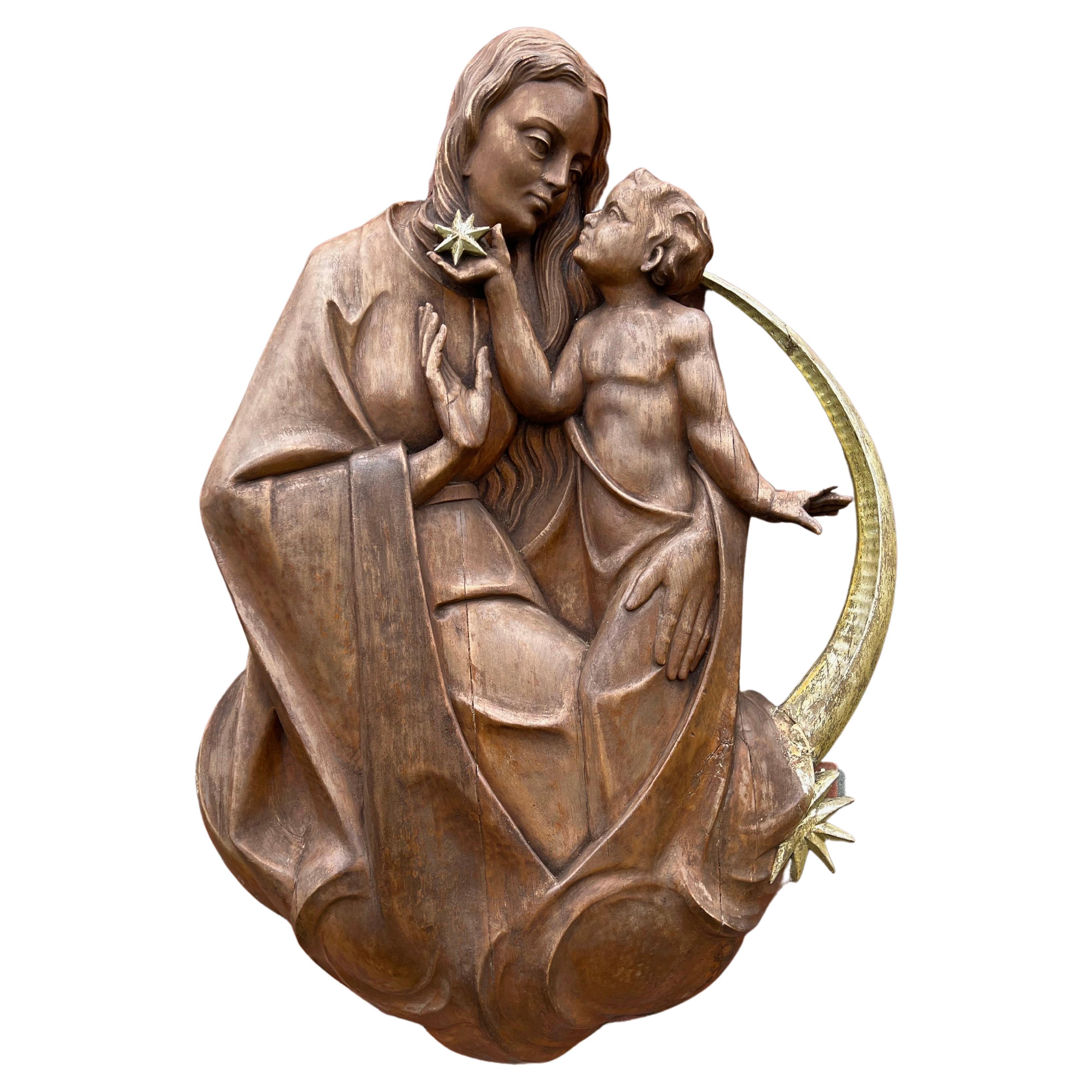 Large Oak Wall Plaque of Virgin Mary & Child Jesus Sitting on a Crescent Moon