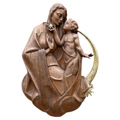 Antique Large Oak Wall Plaque of Virgin Mary & Child Jesus Sitting on a Crescent Moon