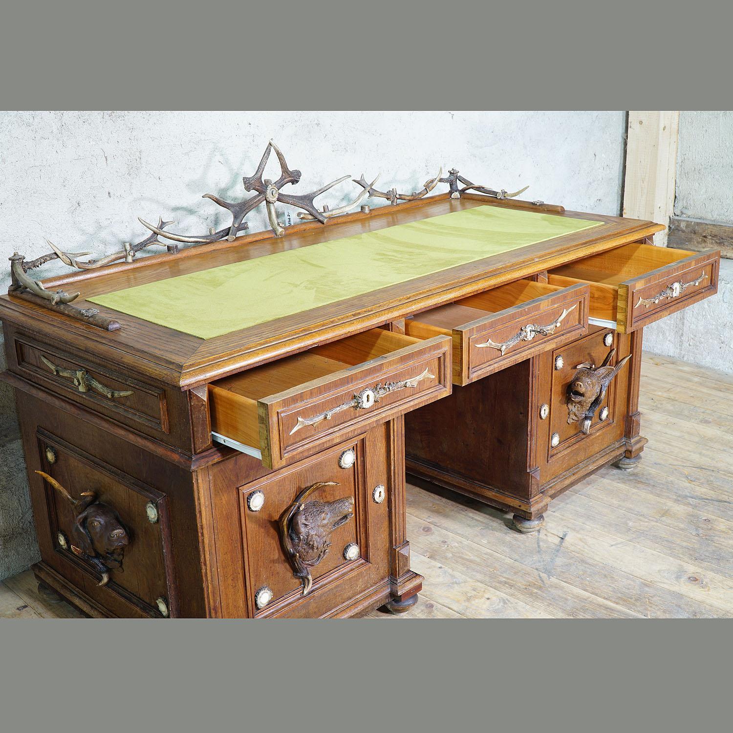 Large Oak Wood Desk with Antler Decorations by Rudolf Brix 1900 For Sale 4