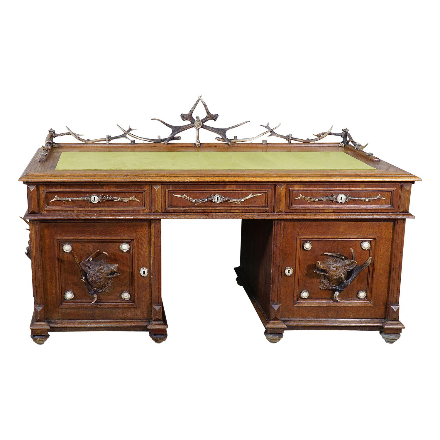 Large Oak Wood Desk with Antler Decorations by Rudolf Brix 1900 For Sale
