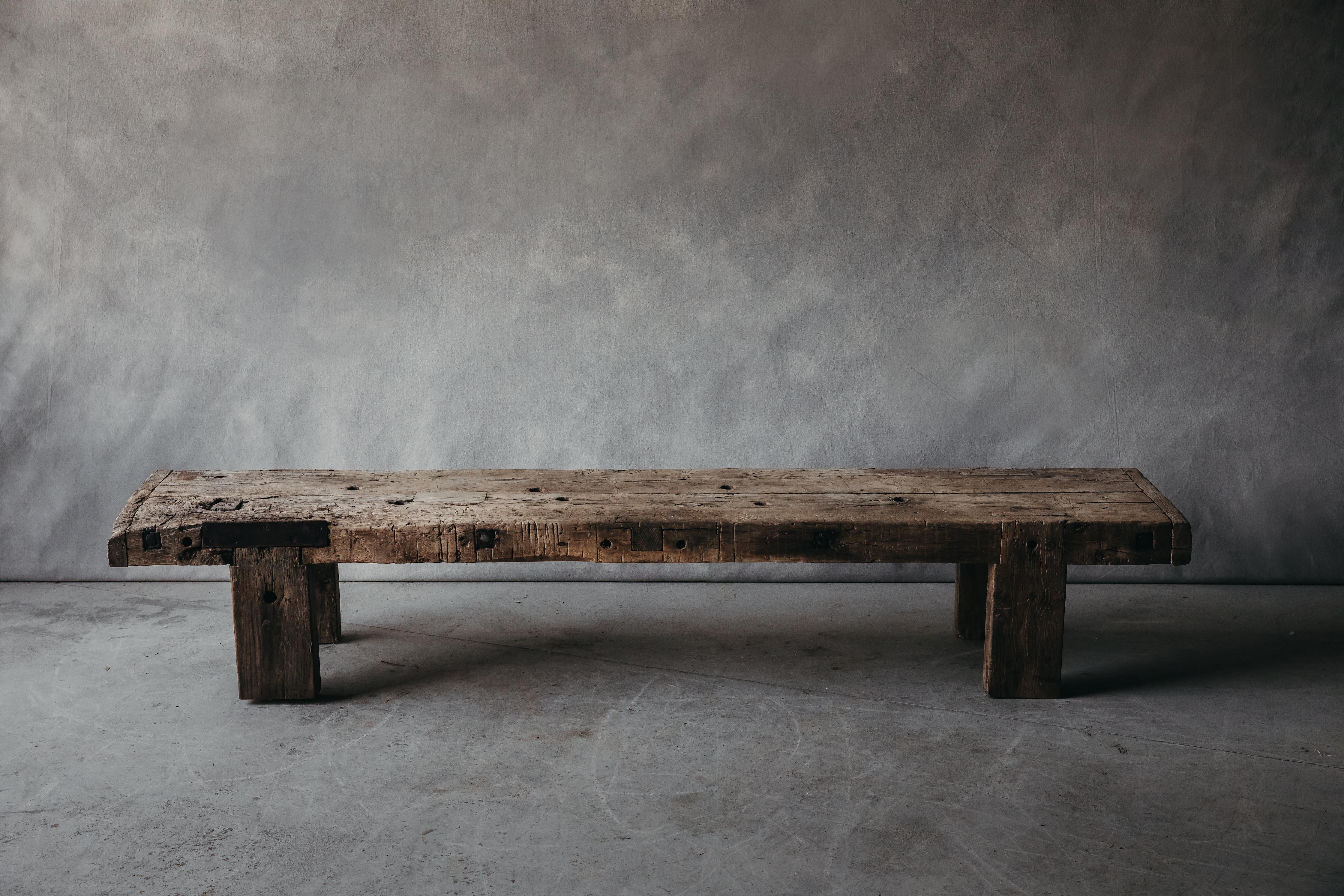 Large Oak Workbench Coffee Table from France, circa 1950. Solid oak construction with great original wear and use.