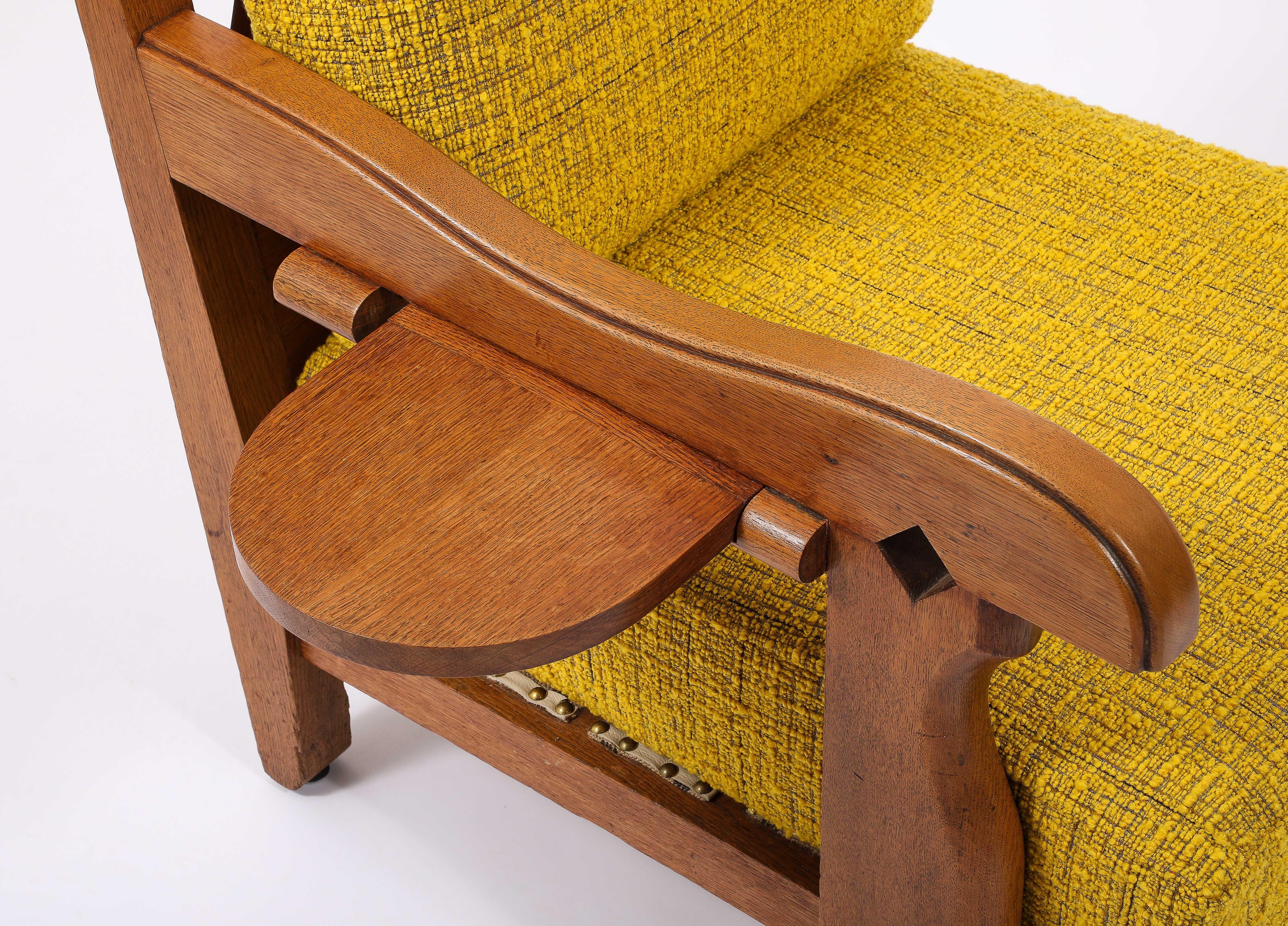 Large Oak & Yellow Wool Armchair with side Shelf, France 1950's For Sale 4