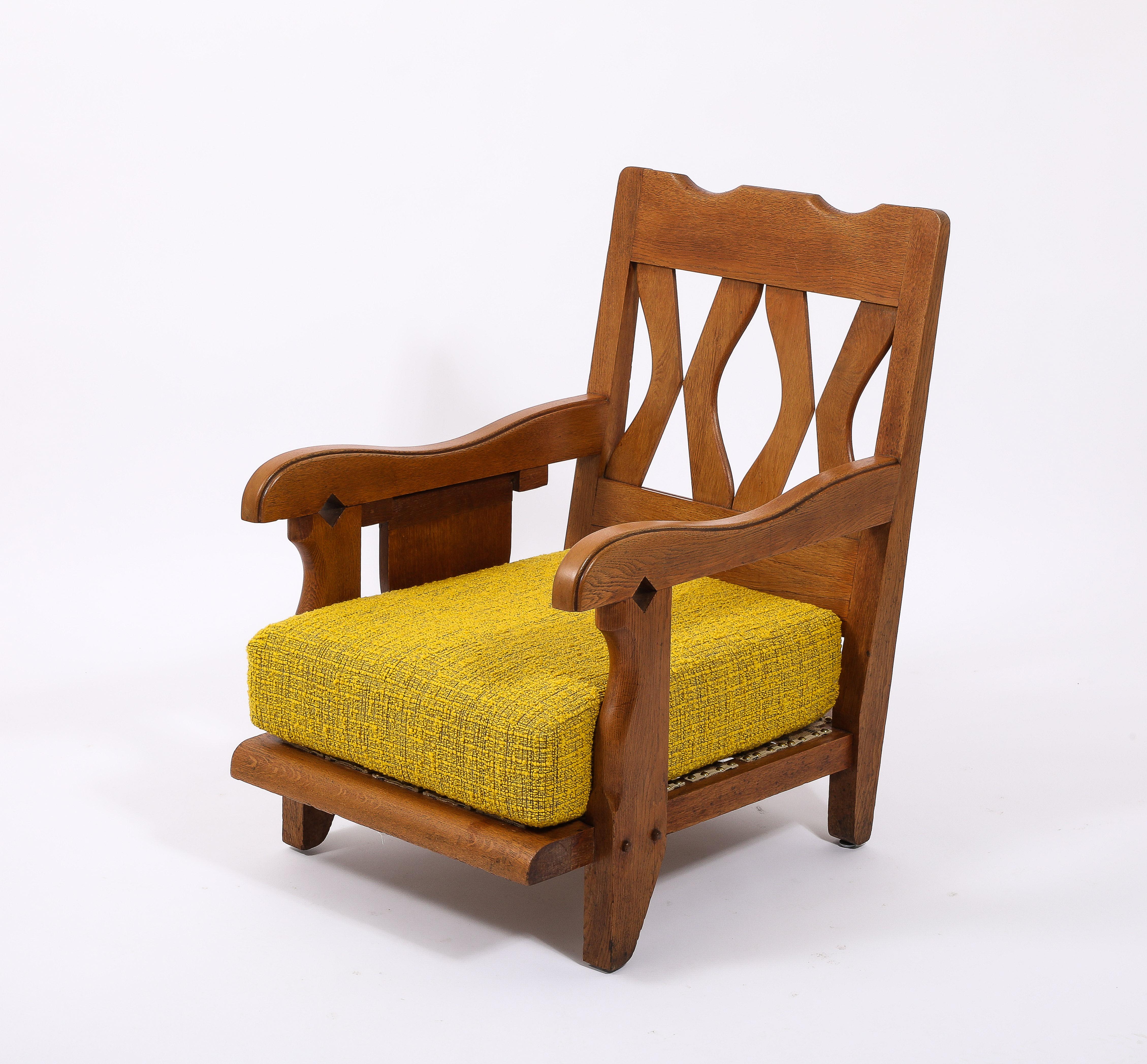 Large Oak & Yellow Wool Armchair with side Shelf, France 1950's For Sale 7