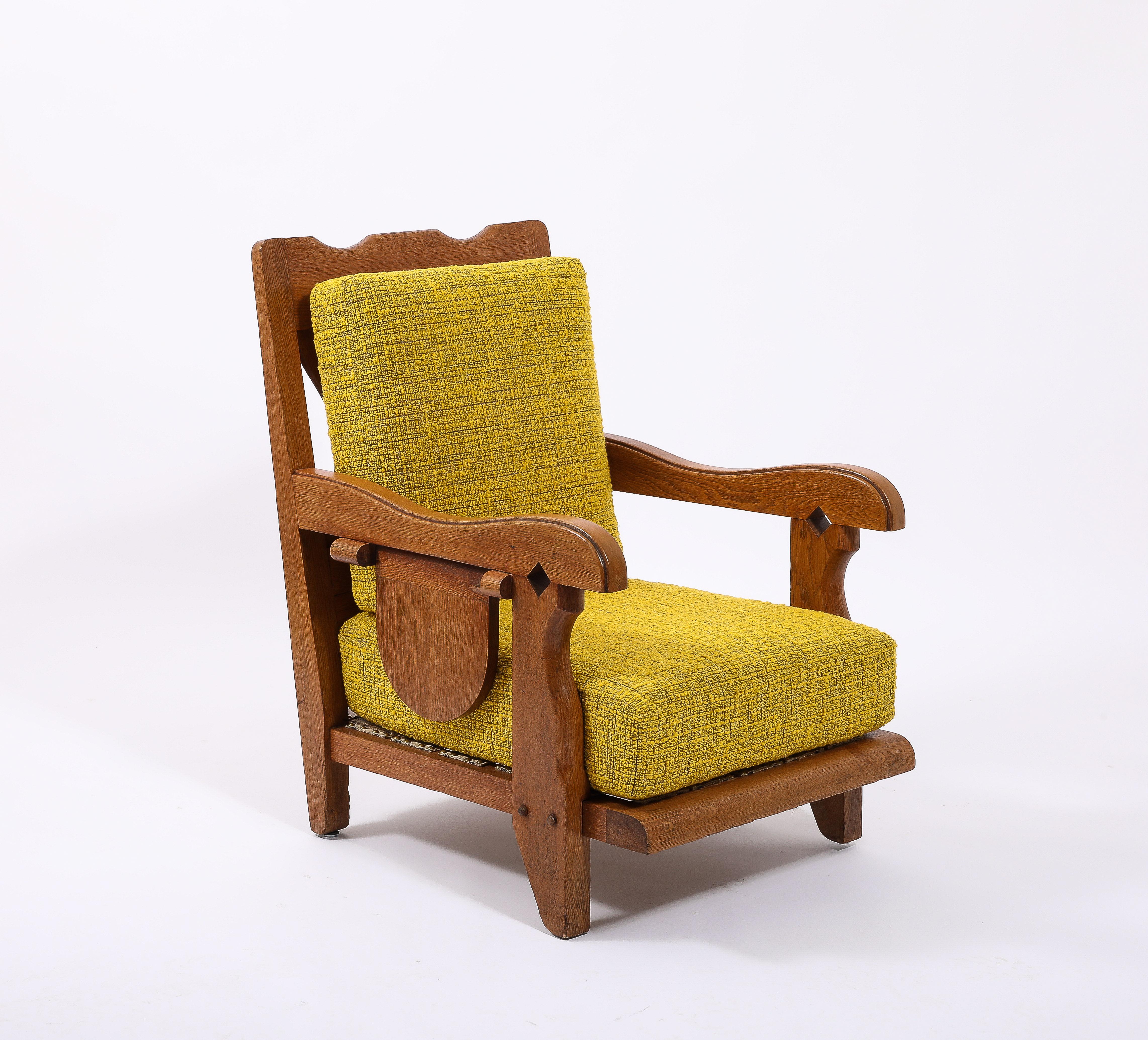 Brutalist Large Oak & Yellow Wool Armchair with side Shelf, France 1950's For Sale