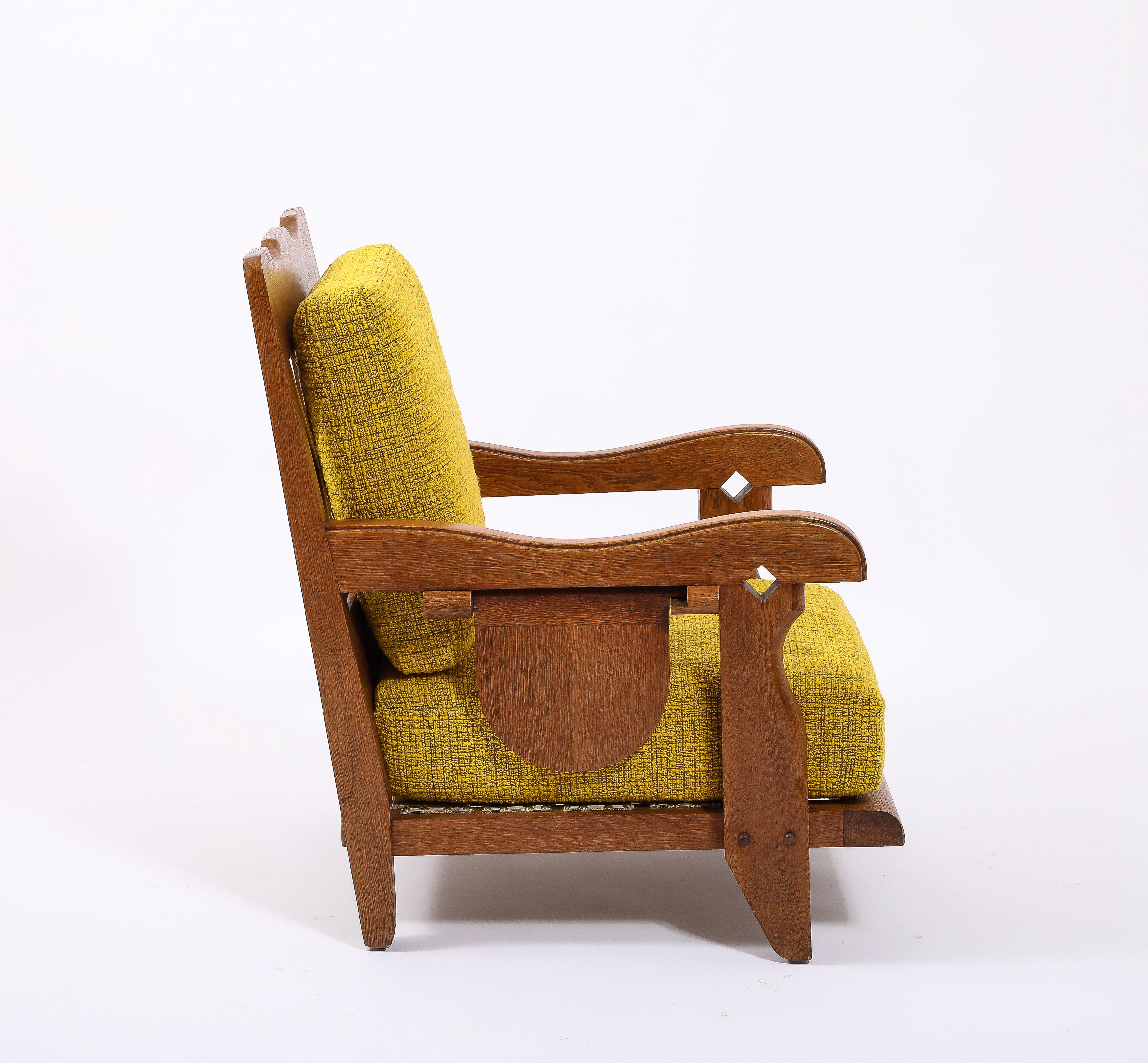 French Large Oak & Yellow Wool Armchair with side Shelf, France 1950's For Sale