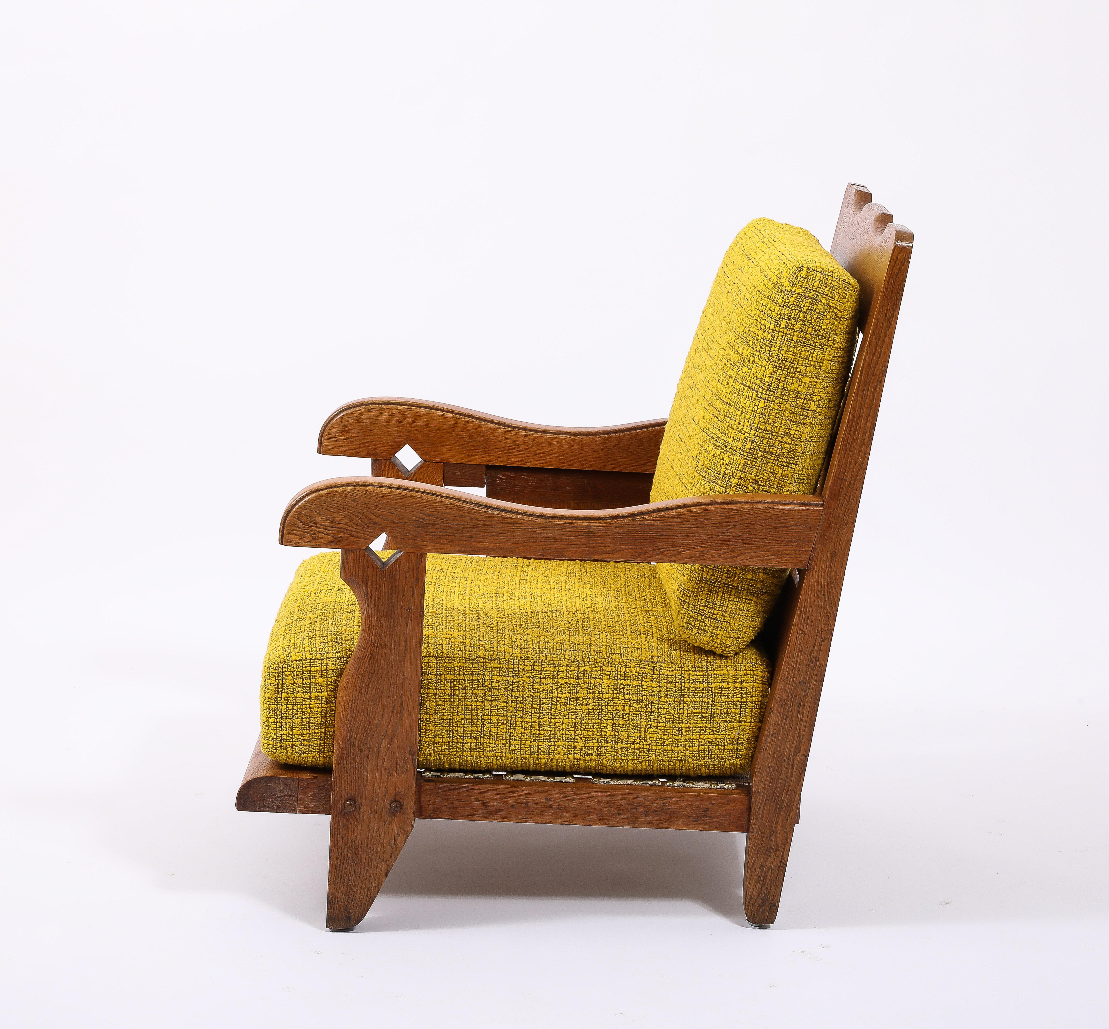 Large Oak & Yellow Wool Armchair with side Shelf, France 1950's For Sale 1