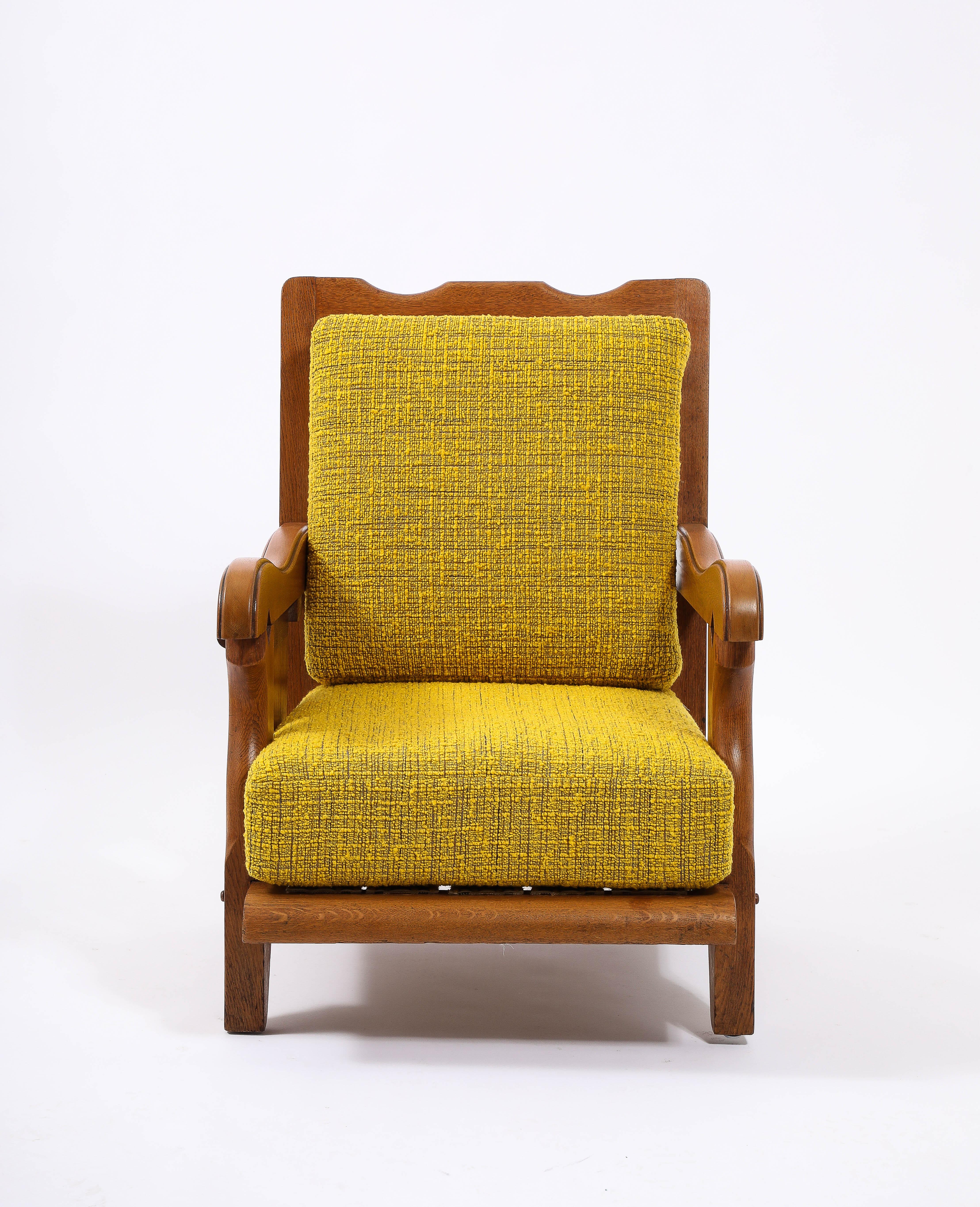 Large Oak & Yellow Wool Armchair with side Shelf, France 1950's For Sale 2