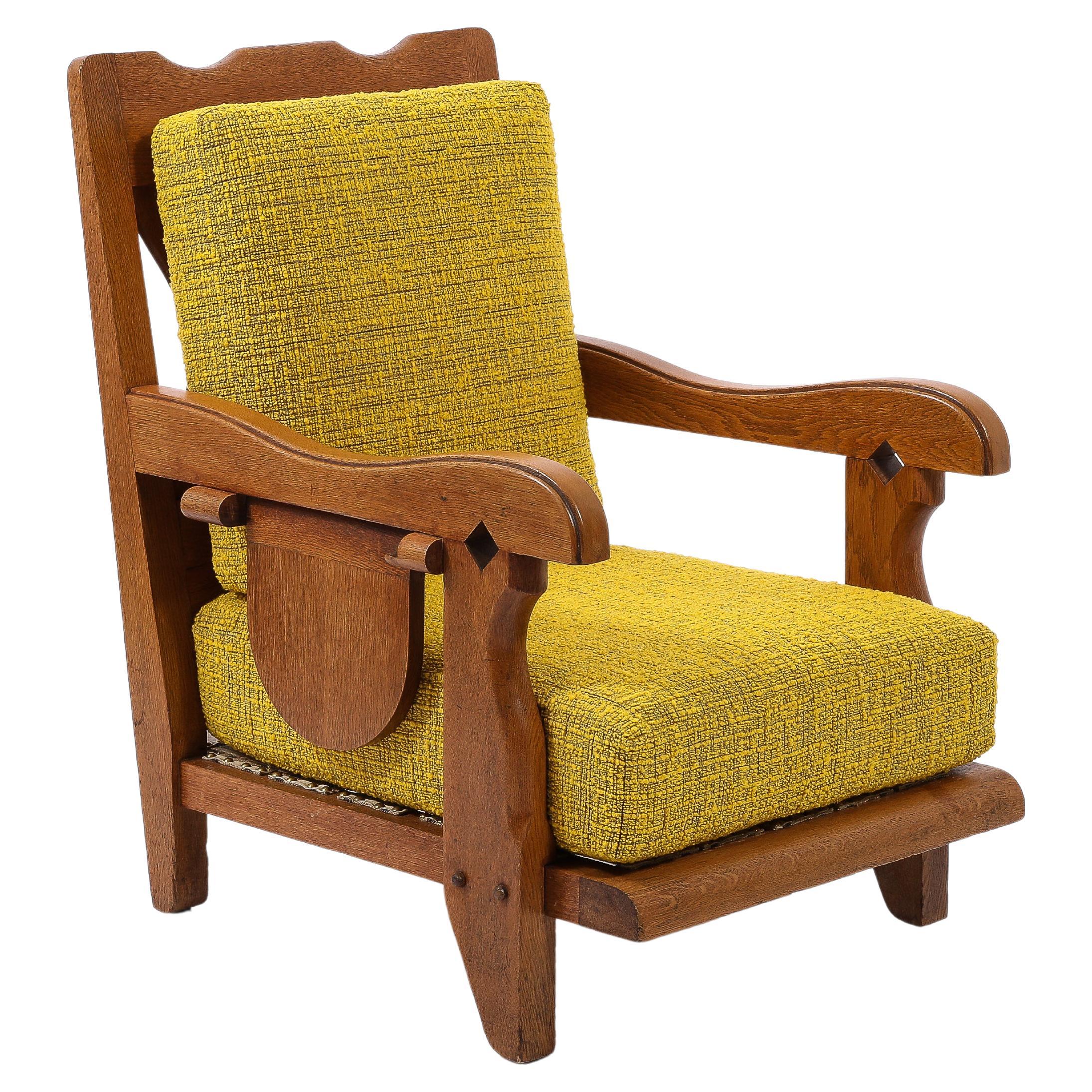 Large Oak & Yellow Wool Armchair with side Shelf, France 1950's For Sale