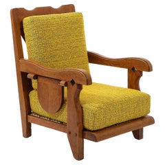Vintage Large Oak & Yellow Wool Armchair with side Shelf, France 1950's