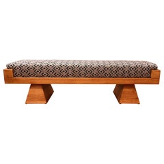 Large Oakwood bench with fine Aztec pattern upholstery