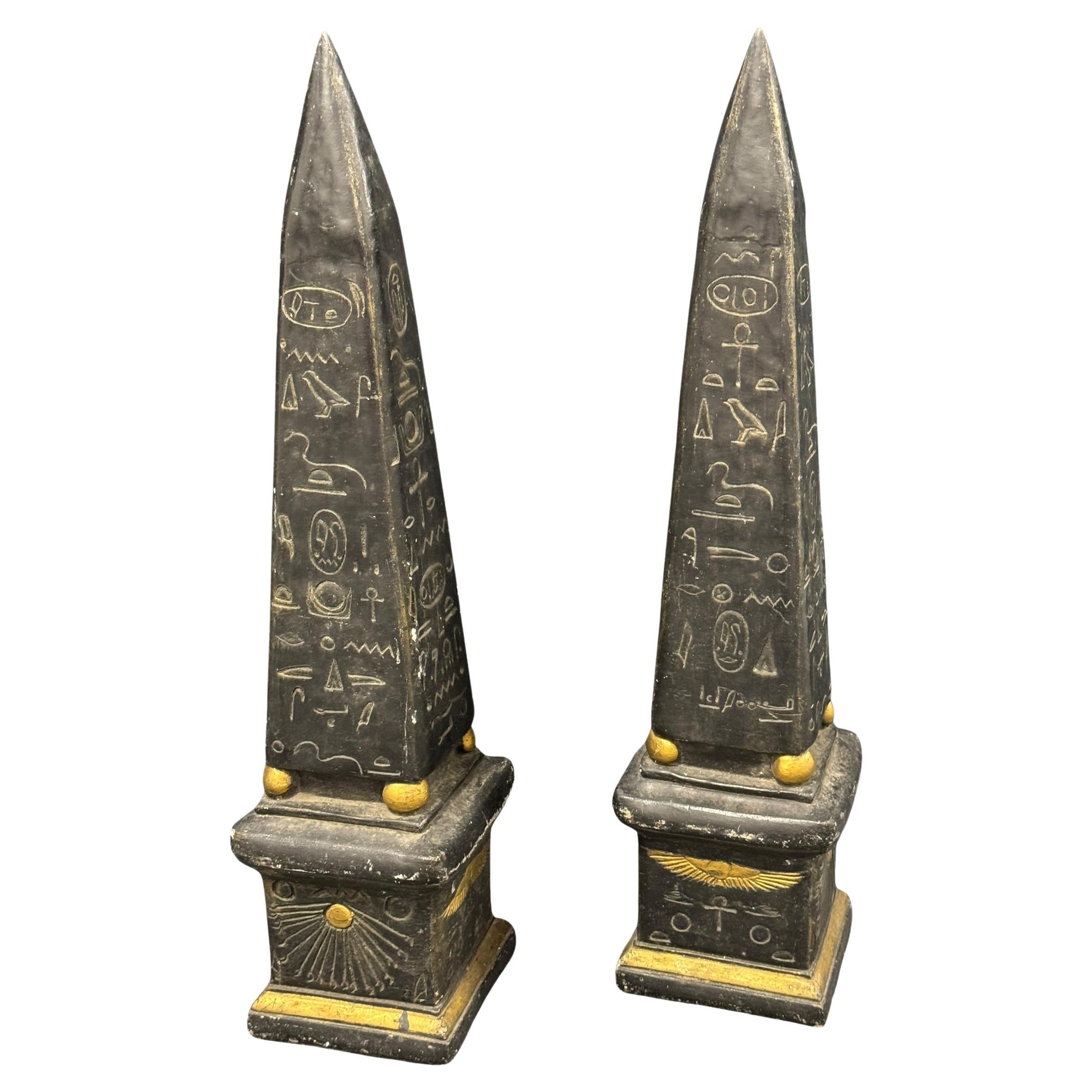 Large Obelisks with Gilt Egyptian Pictographs - Set of Two Sculptures, Vintage