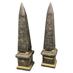 Large Obelisks with Gilt Egyptian Pictographs - Set of Two Sculptures, Vintage