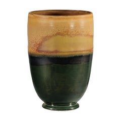 Large Ochre and Green Glazed Ceramic Planter with Tiered Earth-Tone Finish