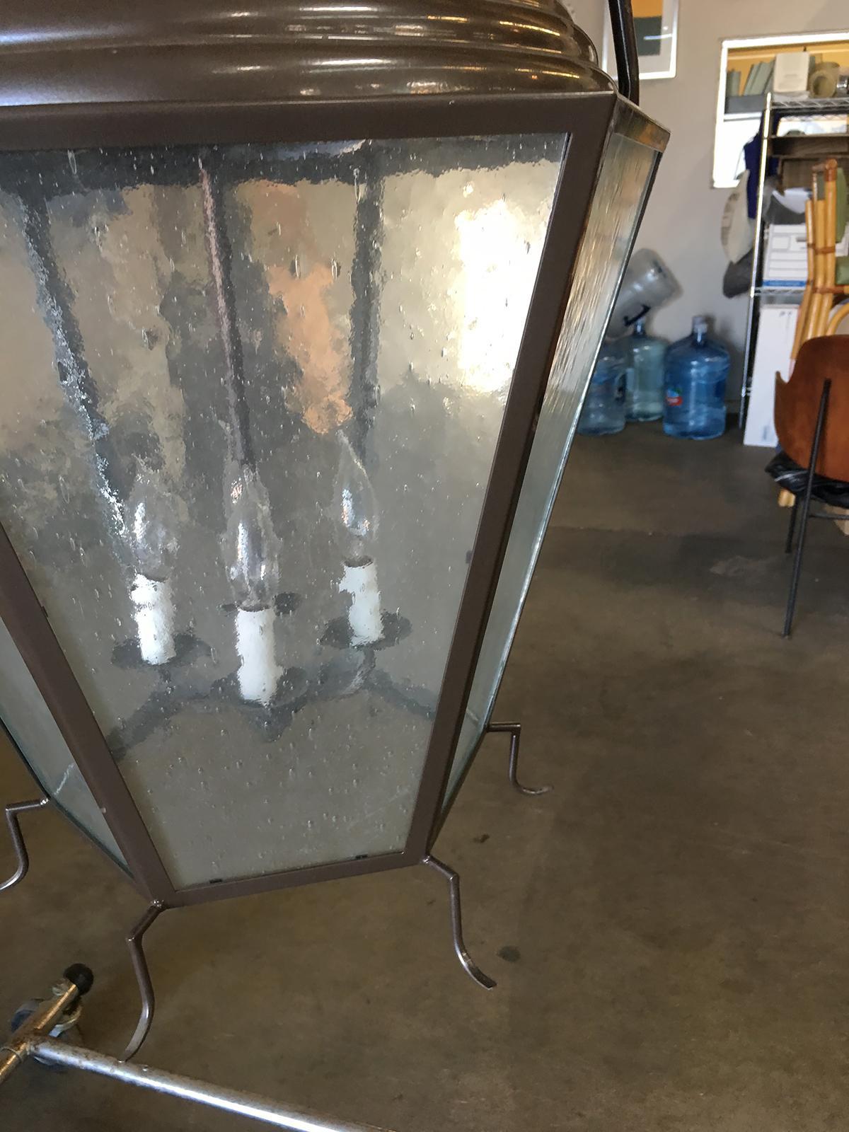 Large Octagon Bronze 4-Light Lantern Chandelier with Handle In Good Condition For Sale In Van Nuys, CA