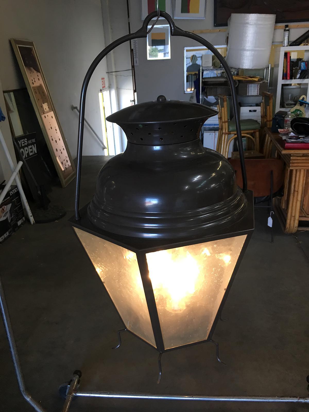 Large Octagon Bronze 4-Light Lantern Chandelier with Handle For Sale 2