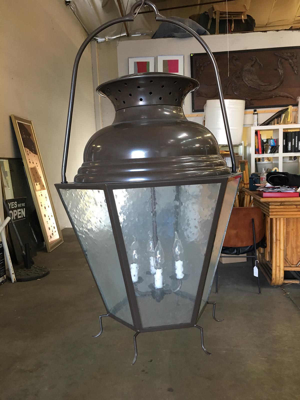 Large Octagon Bronze 4-Light Lantern Chandelier with Handle For Sale 3