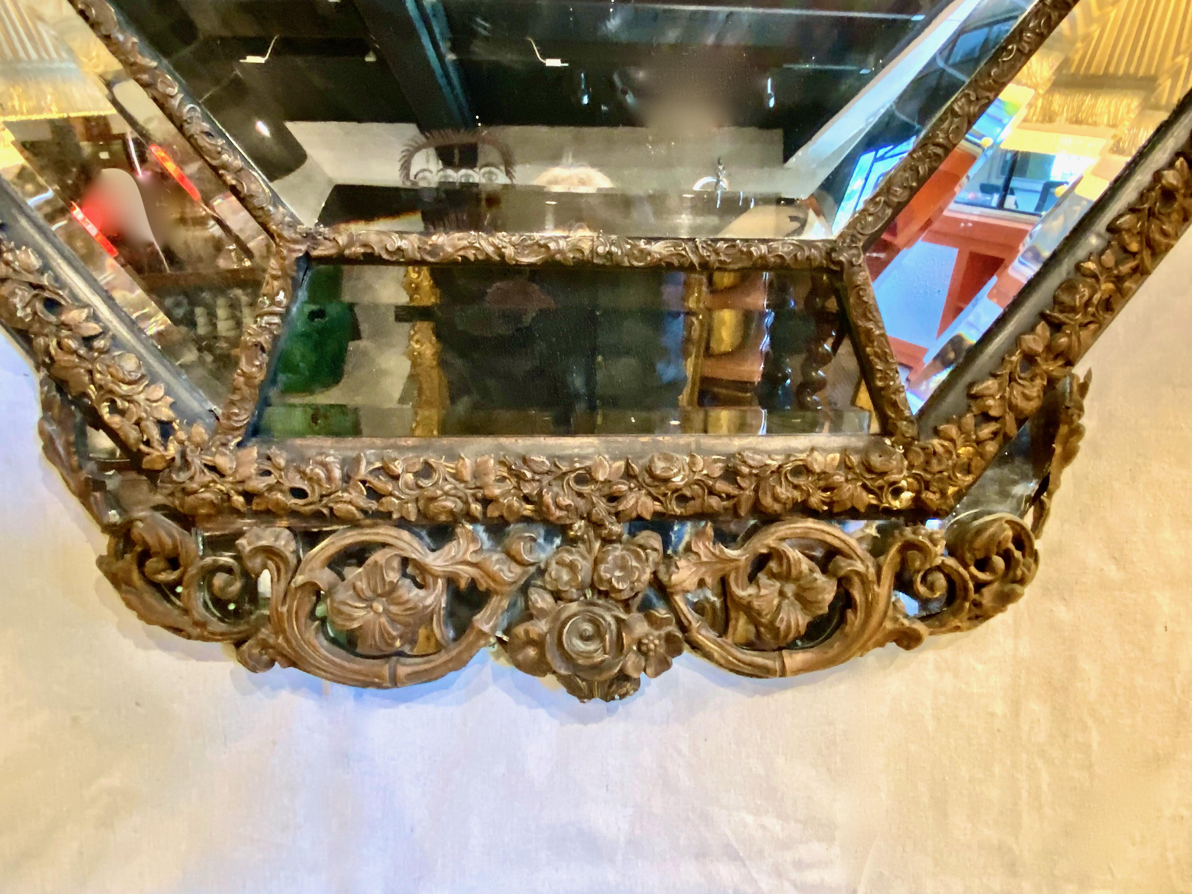 Repoussé Large Octagonal 19th Century French Brass Repousse Mirror For Sale