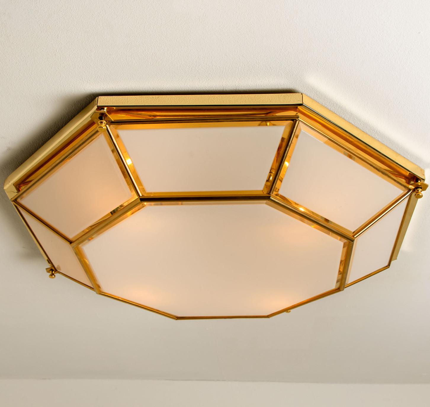 Mid-Century Modern Large Octagonal Brass and White Glass Lights, Germany, 1970s For Sale