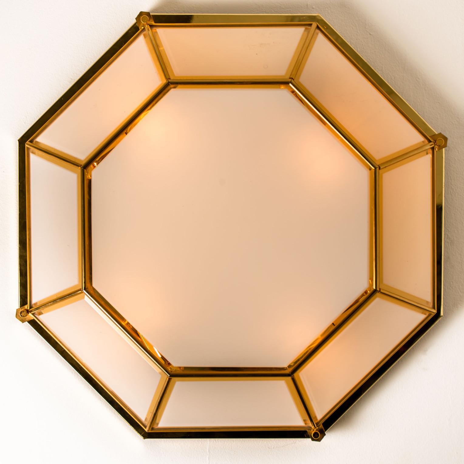Large Octagonal Brass and White Glass Lights, Germany, 1970s In Good Condition For Sale In Rijssen, NL