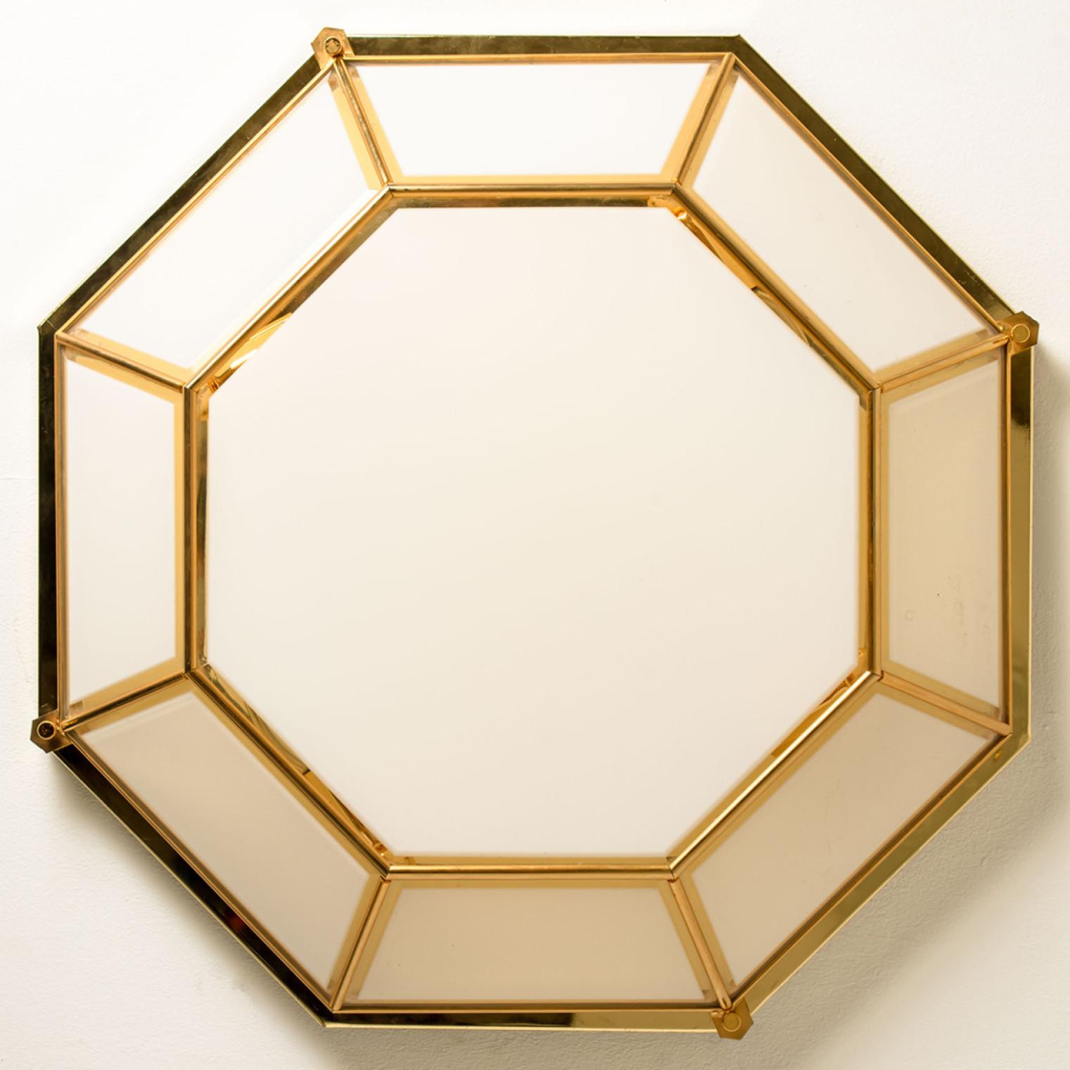 Late 20th Century Large Octagonal Brass and White Glass Lights, Germany, 1970s For Sale