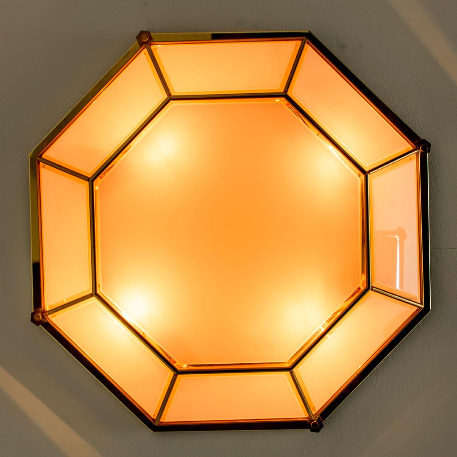 Large Octagonal Brass and White Glass Lights, Germany, 1970s For Sale 1