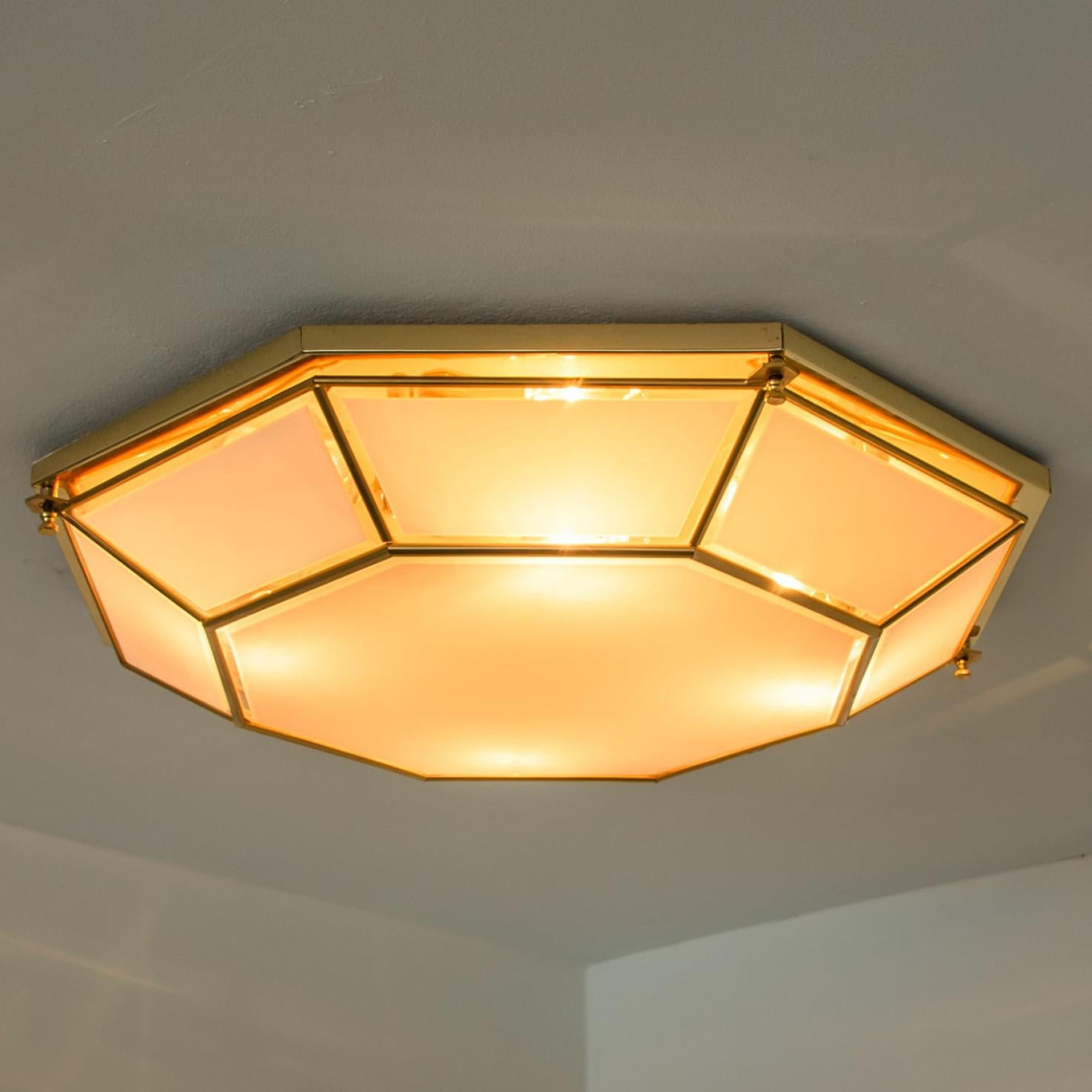 Large Octagonal Brass and White Glass Lights, Germany, 1970s For Sale 2