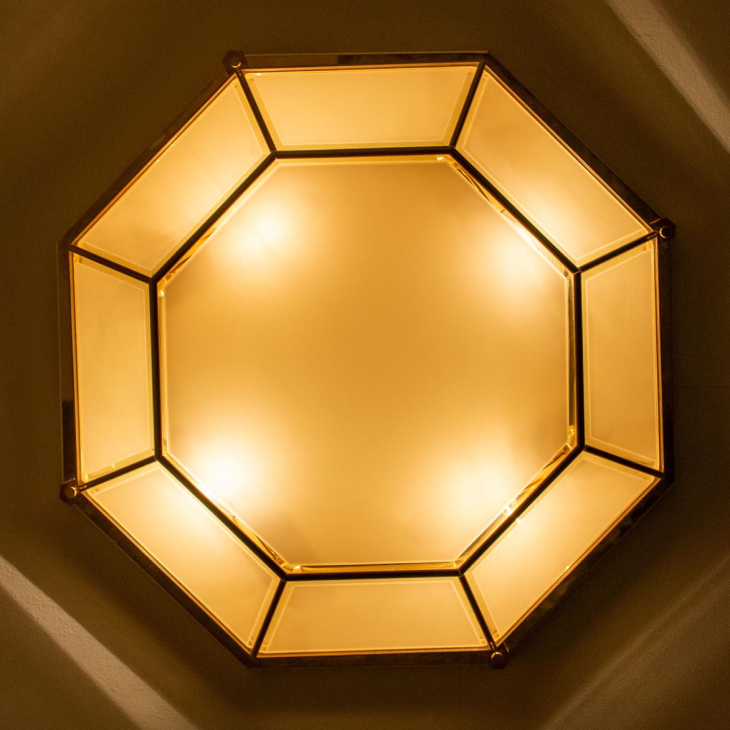 Large Octagonal Brass and White Glass Lights, Germany, 1970s For Sale 3