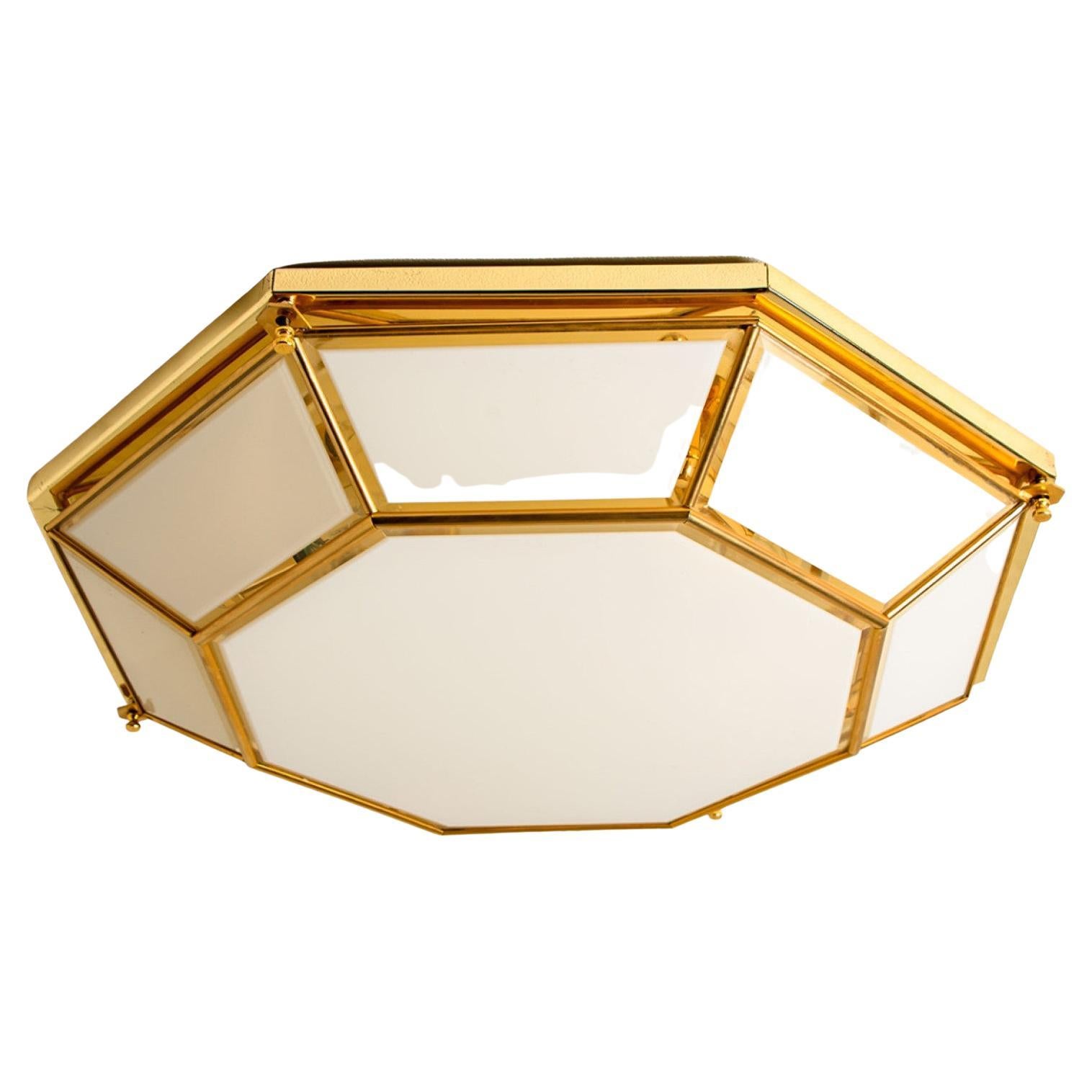 Large Octagonal Brass and White Glass Lights, Germany, 1970s For Sale
