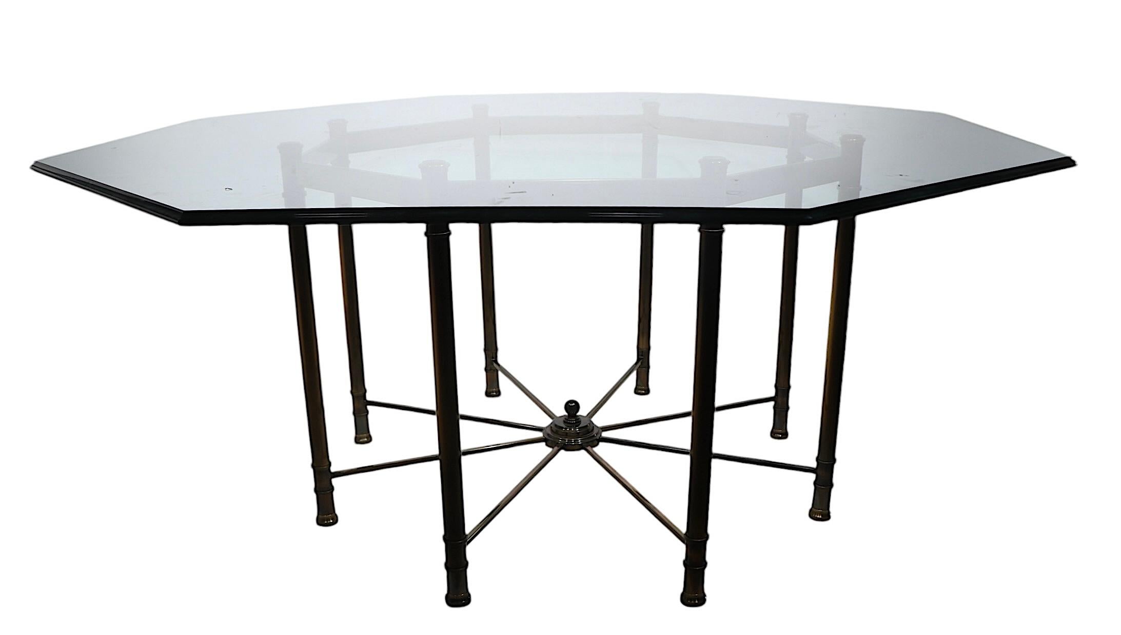 Large Octagonal Glass Top Brass Base Dining Table att. to Mastercrafters c 1970s For Sale 1